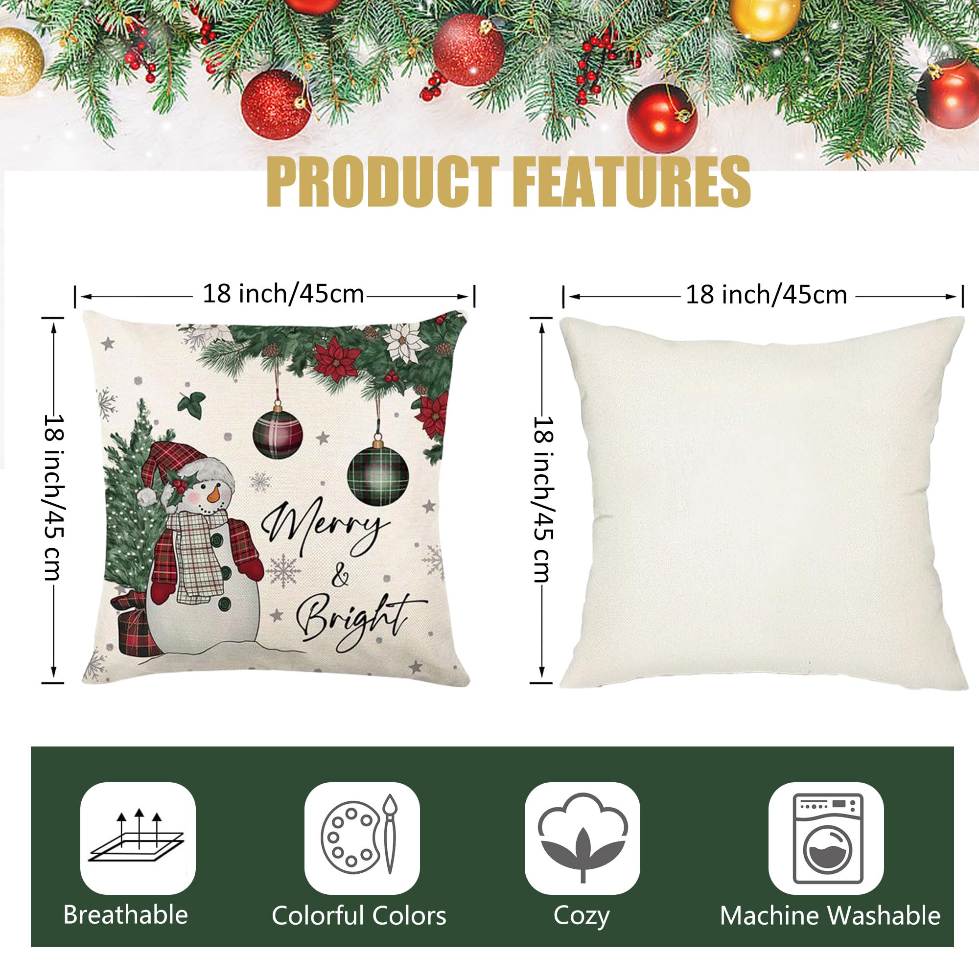 Set di 4 federe per cuscini natalizi, 45 x 45 cm, ghirlanda di Natale, cavallo, pupazzo di neve, calza di Natale, decorazione invernale per divano