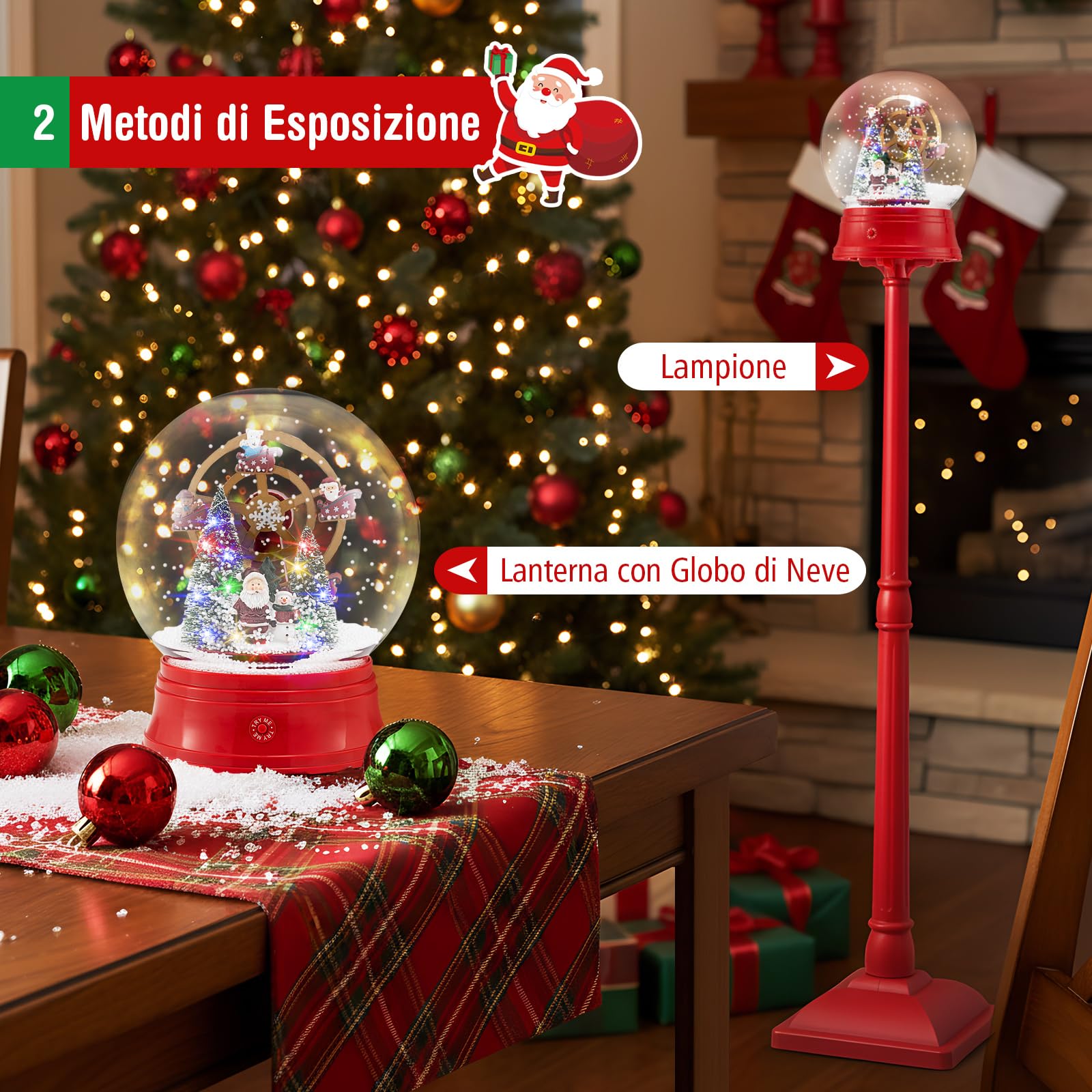 COSTWAY 150 CM Lampione Natalizio Musicale, Lampada Festiva con Lanterna a Globo di Neve Attivata dal Suono, Albero di Natale, Babbo Natale, Soldato e Scatole Regalo (Modello 4)