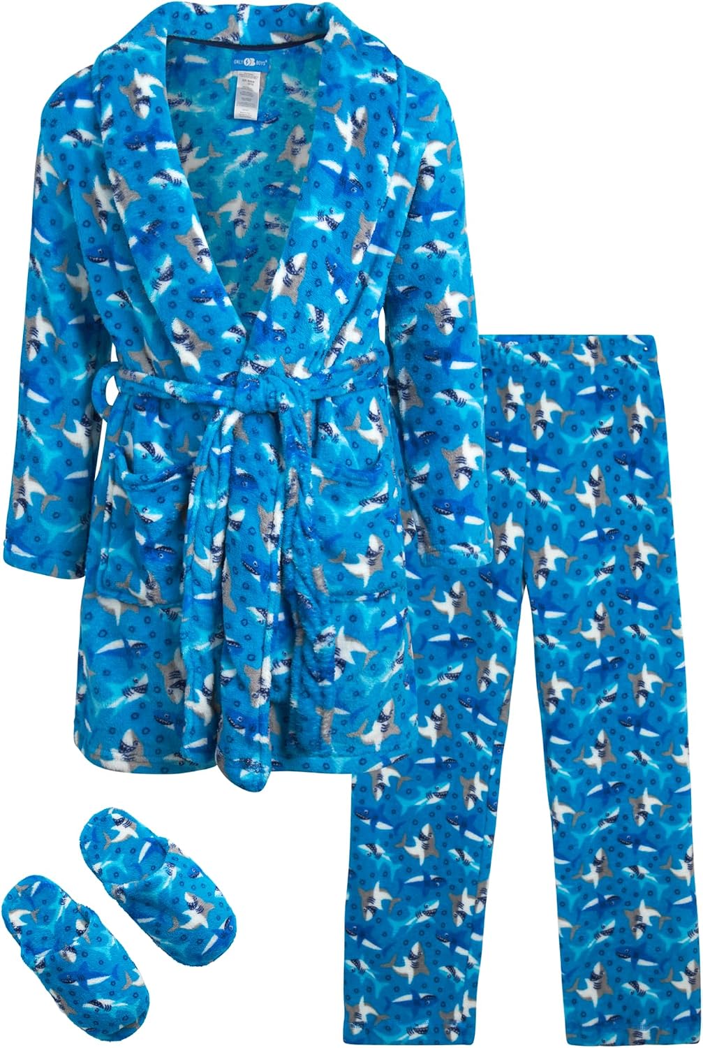 Bathrobe Set - 3 Piece Soft Fuzzy Boys Fleece Robe, Slippers and Matching Kids Pajama Pants