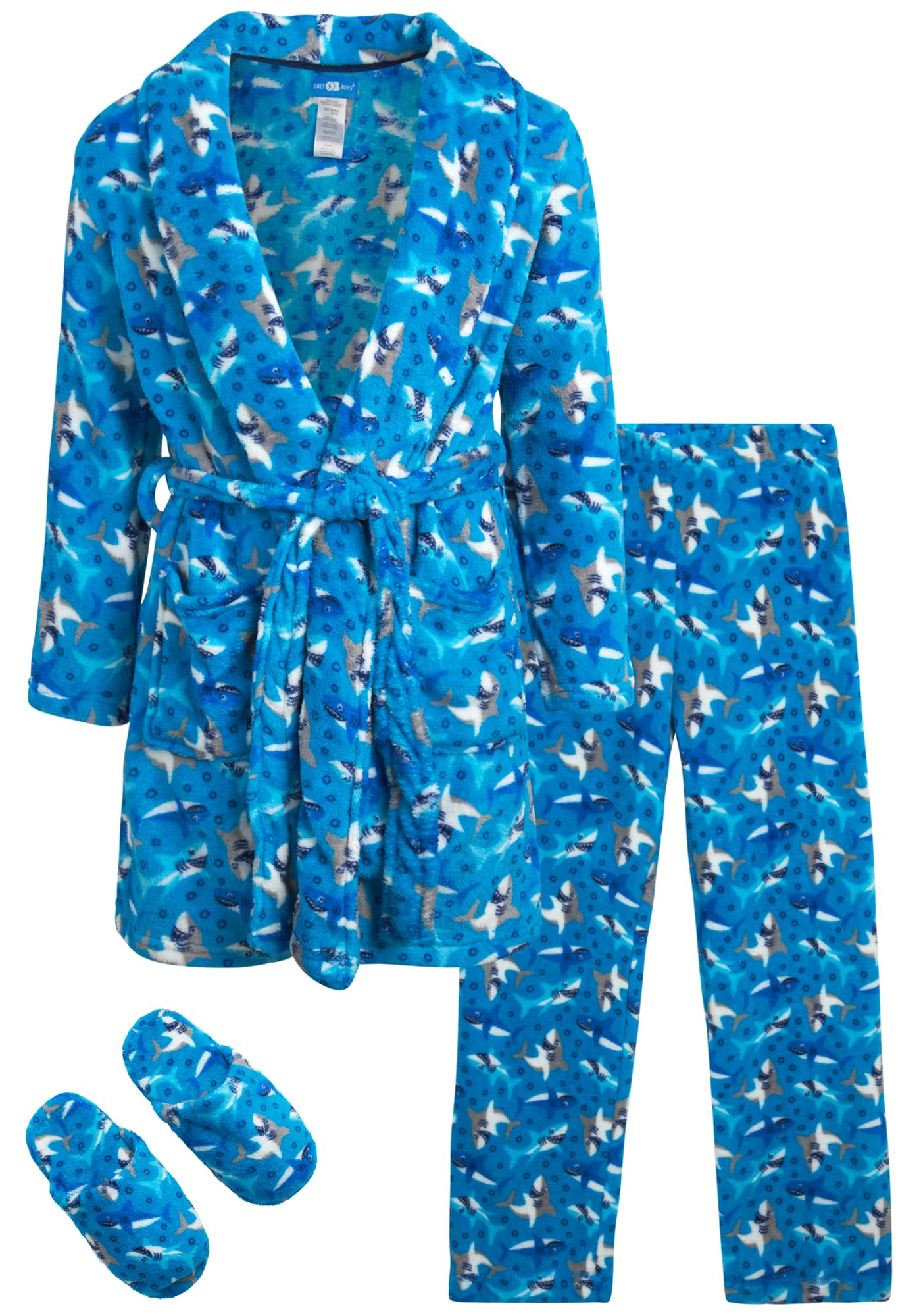 ONLY BOYS Bathrobe Set - 3 Piece Soft Fuzzy Boys Fleece Robe, Slippers and Matching Kids Pajama Pants
