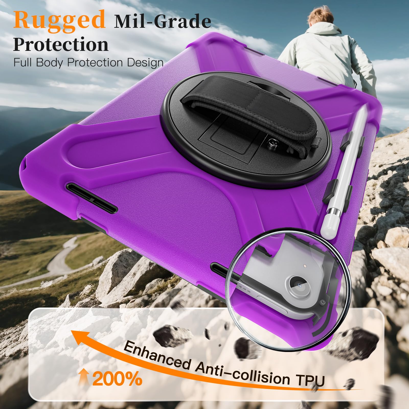 Etui na tablet kompatybilne z iPadem 12th A19 2026/11th 27.9 cm A16 2025/10th 27.7 cm 2022 W, pasek na ramię i obrotowa podpórka i pasek na rękę, klasa wojskowa, odporne na wstrząsy, wytrzymałe etui