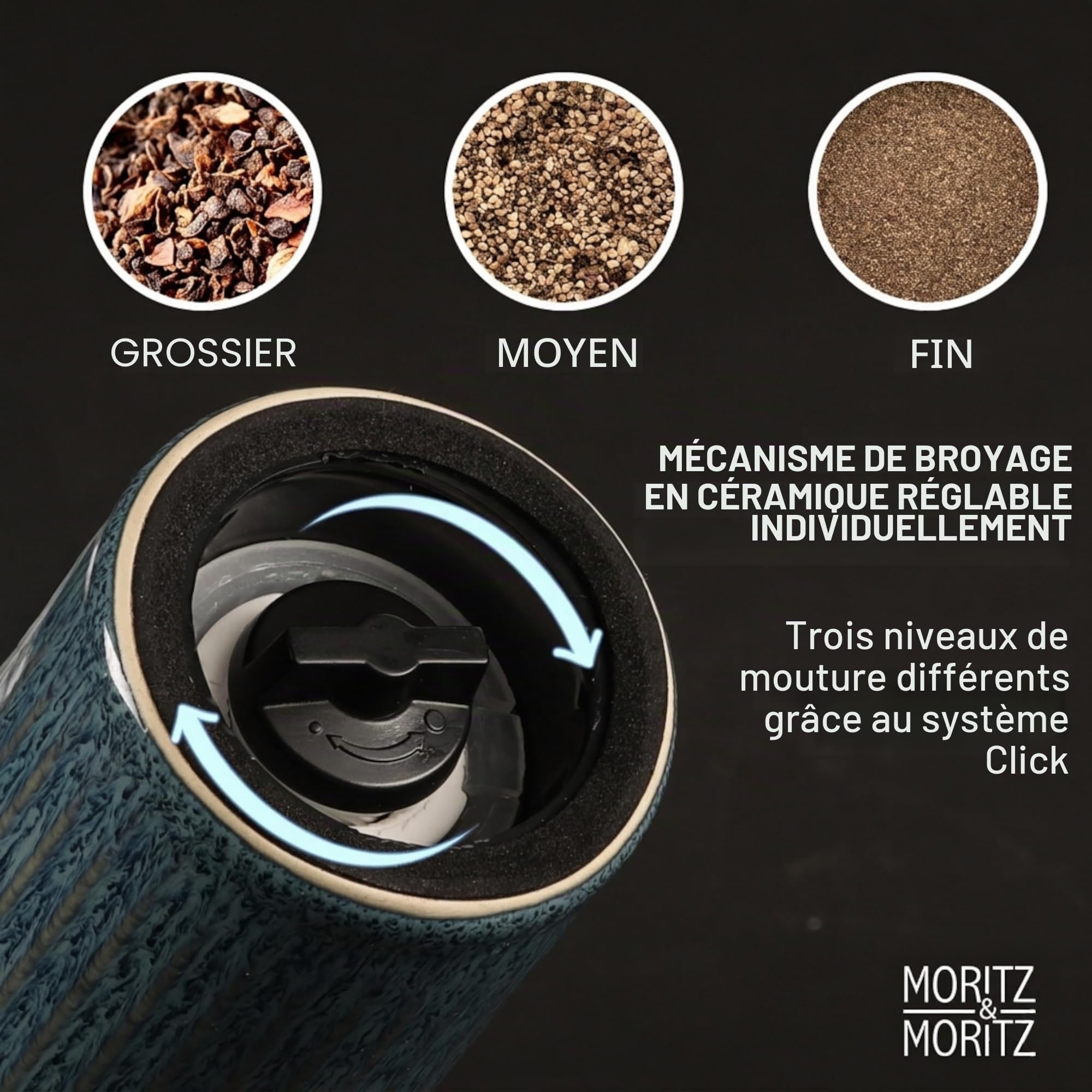Moritz & Moritz PEPE Set de 2 Moulins à Épices Bleu/Vert – Moulins Sel et Poivre en Céramique, Bois d’Acacia & Grès, Réglage de Mouture, pour Sel, Poivre et Épices