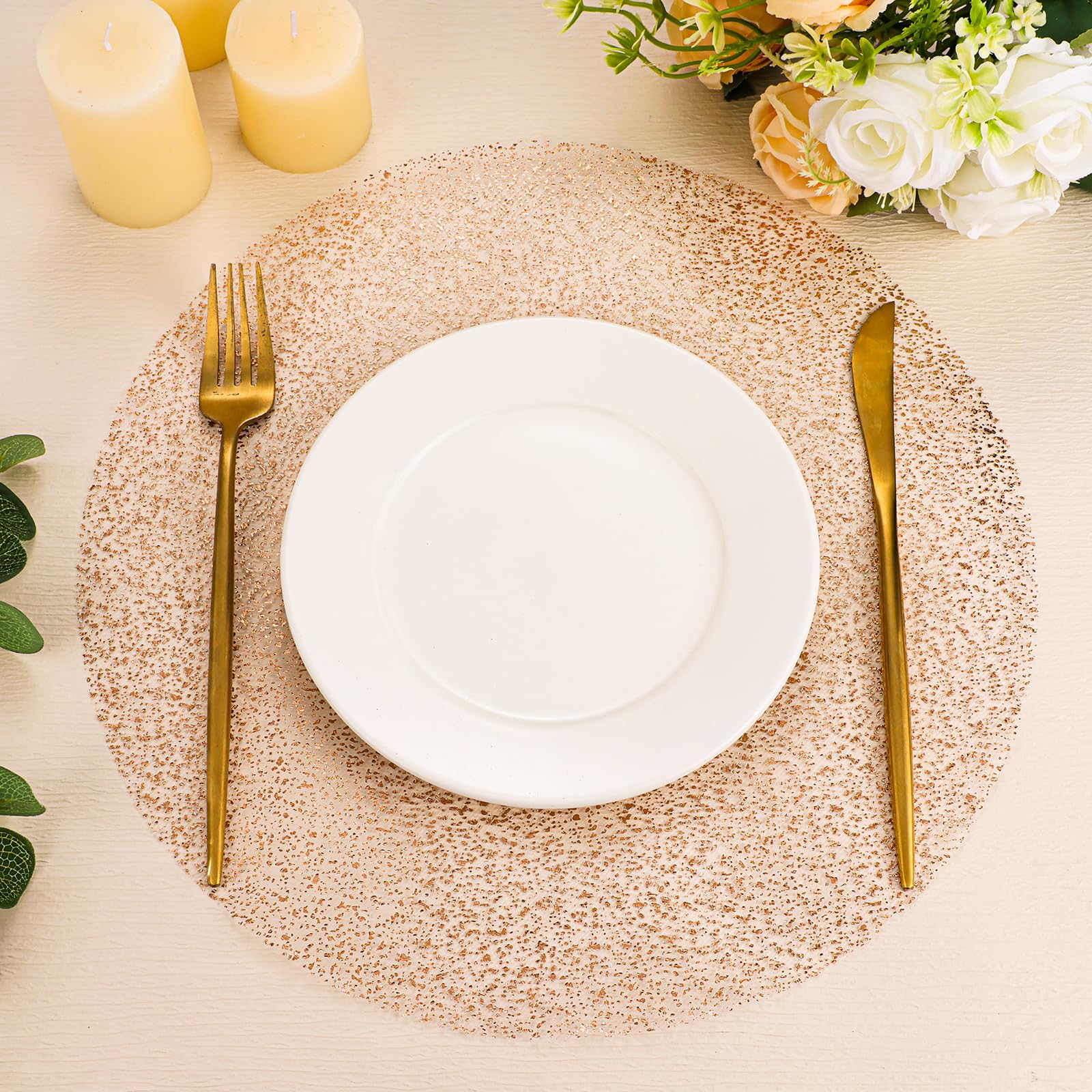 100 Stück rotgoldene Platzsets, 33 cm, rund, Einweg-Tischset, Goldfolie, Netzstoff, gepresstes Papier, Tischset, elegante Hochzeitsdeckchen für Geburtstag, Party, Zuhause, Abendessen, Kirche, Bankett
