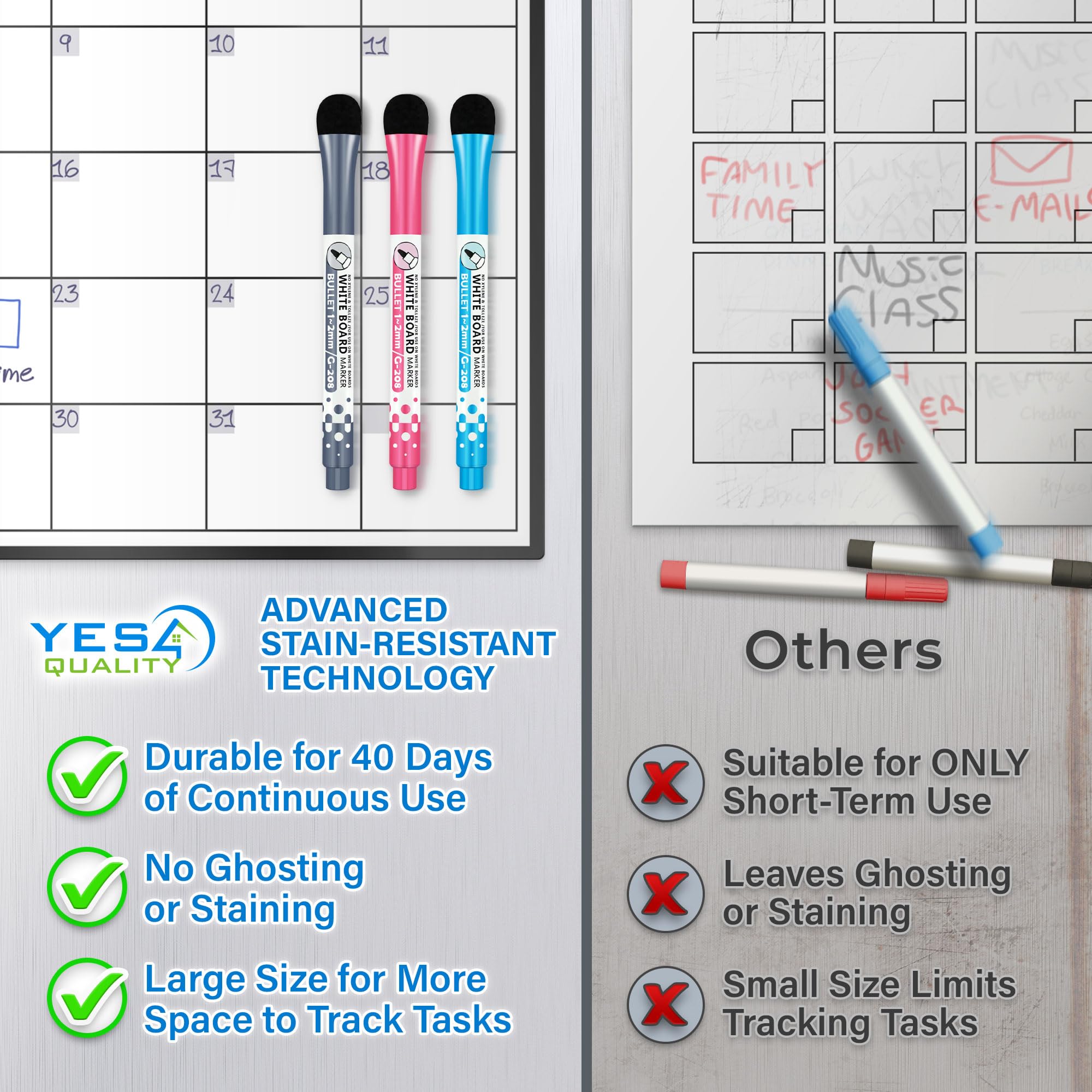 Magnetischer Whiteboard-Kalender – A3 / 40 x 30 cm – Kühlschrank-Whiteboard-Folie mit 3 farbigen Markern und Schwamm – Monatlicher Speiseplaner und Organizer