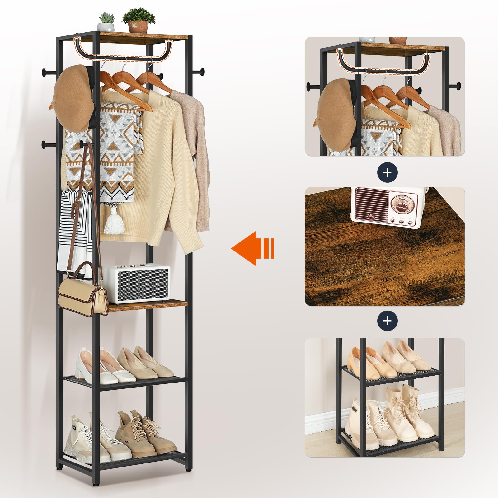 HOOBRO Perchero independiente con 3 estantes y 8 ganchos, perchero para dormitorio, 40 x 28 x 181 cm, para entrada, industrial, marrón rústico y negro EBF04YM01
