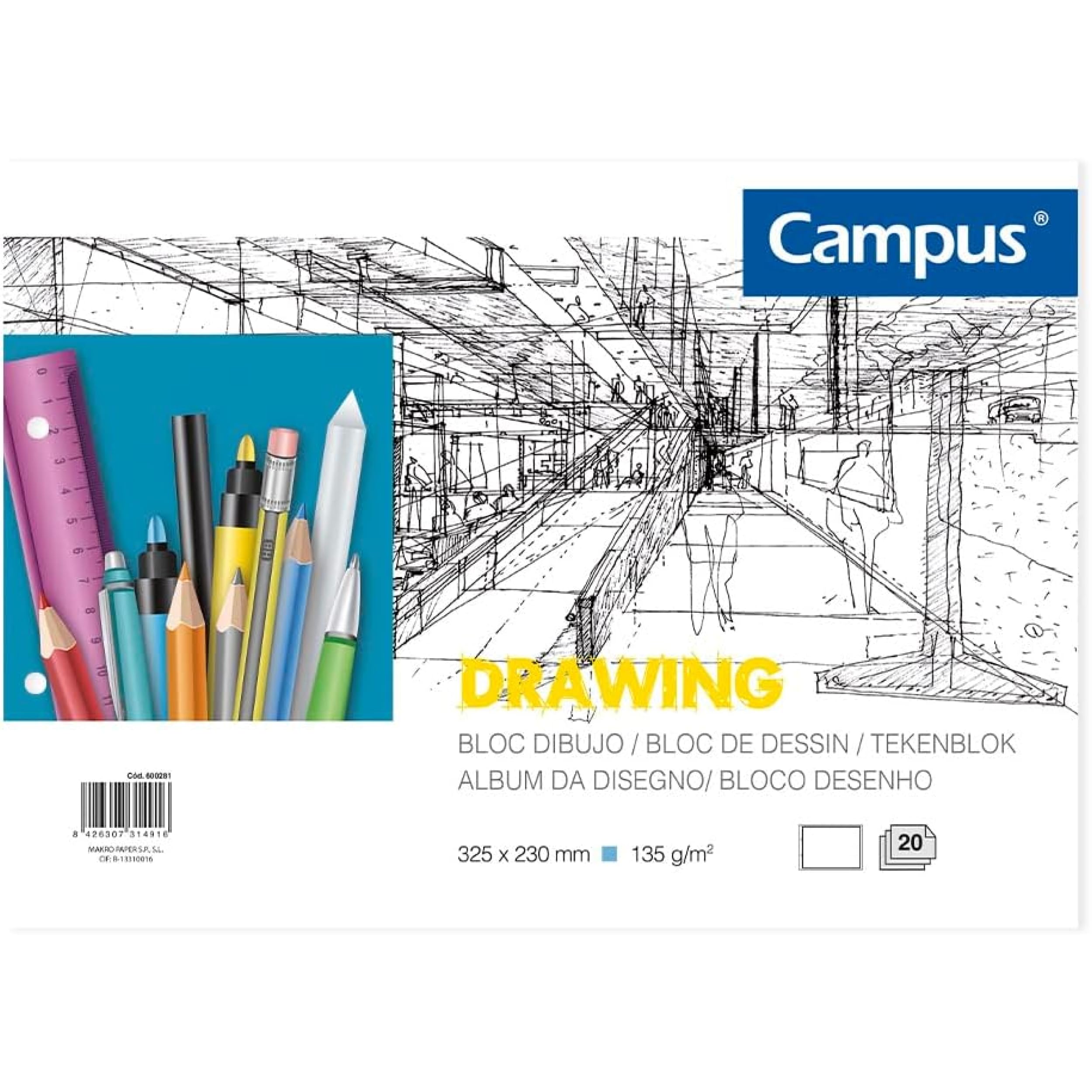 Campus - Bloc de Dibujo A4 Cuaderno de Bocetos con 2 Taladros 20 Hojas 130 gramos en Blanco para Carboncillo, Lápiz, Ceras o Pastel