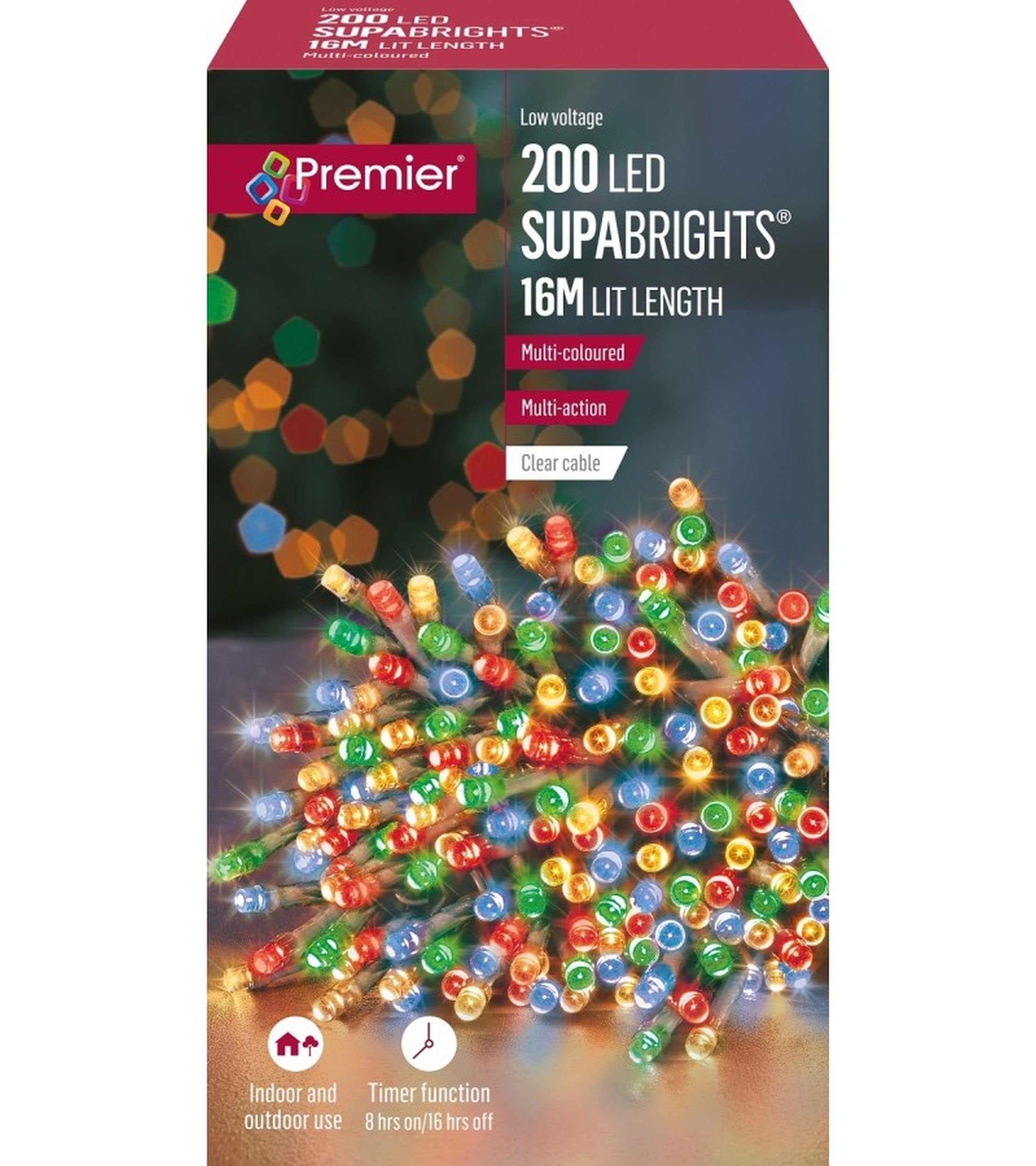 Premier 200 20M Led Indoor / Outdoor Christmas Lights Multi-Coloured Clear Wire