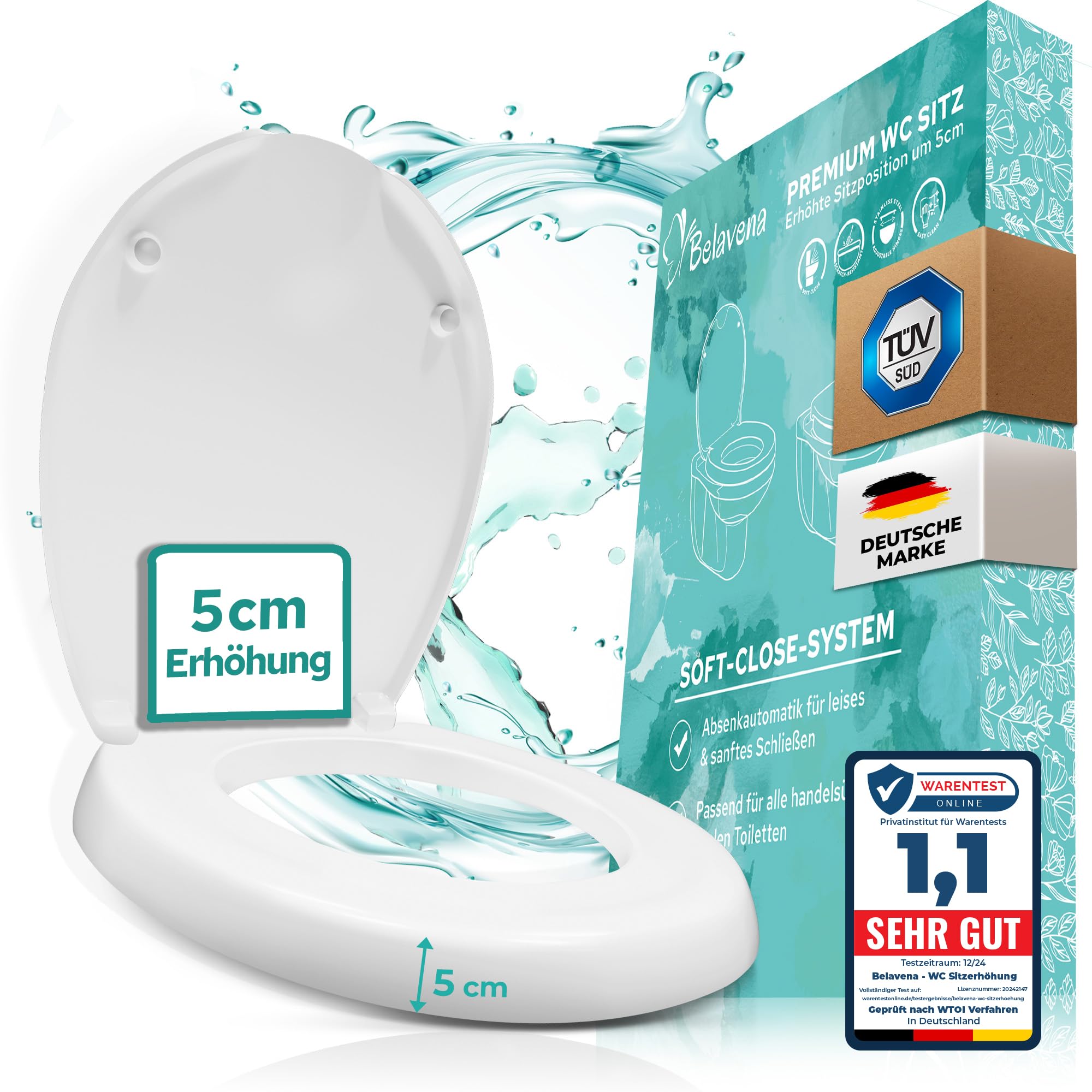 BELAVENA® WC Sitzerhöhung 5cm inkl. Absenkautomatik für bequemes Sitzen & Aufstehen | Erhöhter Toilettensitz aus Duroplast bis 200 kg belastbar | Toilettensitzerhöhung - Raised Toilet Seat