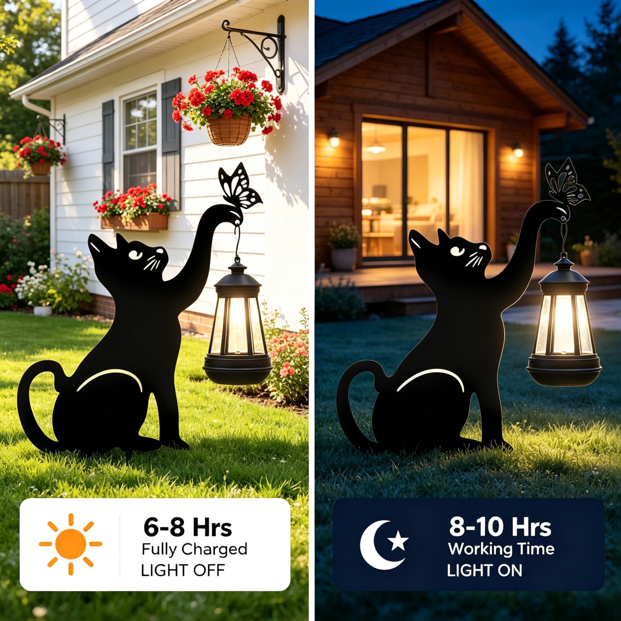 Luces solares de gato negro para exteriores, regalos para amantes de los gatos, para mamá, mujer, abuela, decoración de jardín con mariposa decorativa de metal, adorno de inauguración de la casa para