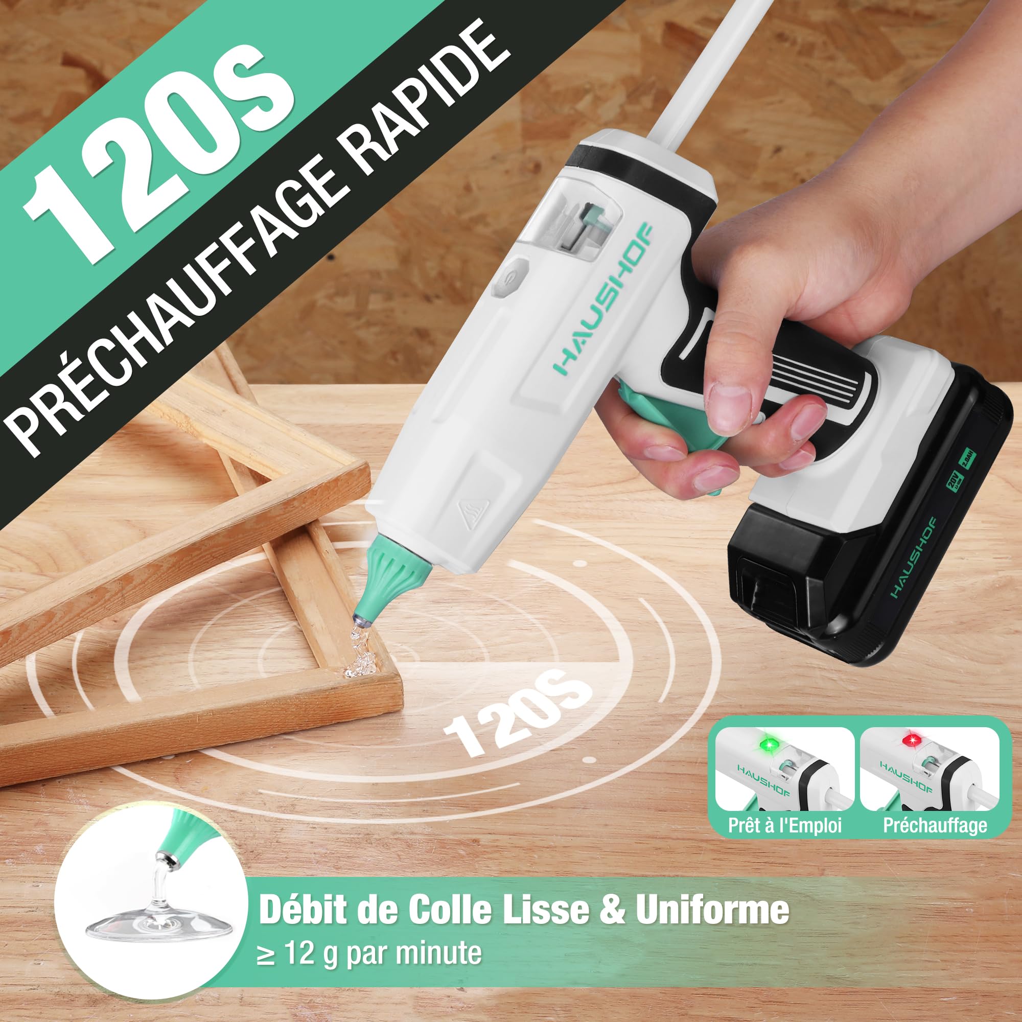 HAUSHOF Pistolet à Colle Chaude Sans Fil 20 V avec Batterie et Chargeur | 20 Bâtons de Colle 11×150 mm, Arrêt Automatique, Chauffage Rapide pour Bricolage, Artisanat et Réparations Rapides