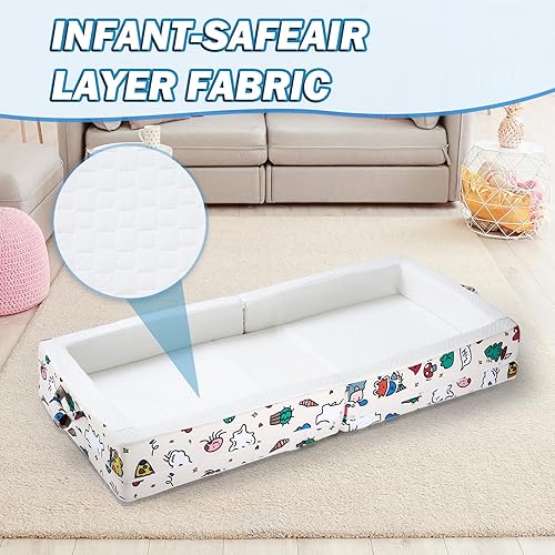 Miniatura 7 de Cama de viaje plegable portátil para niños pequeños, cuna de espuma suave de tela de capa de aire con rieles de seguridad, sin montaje, funda