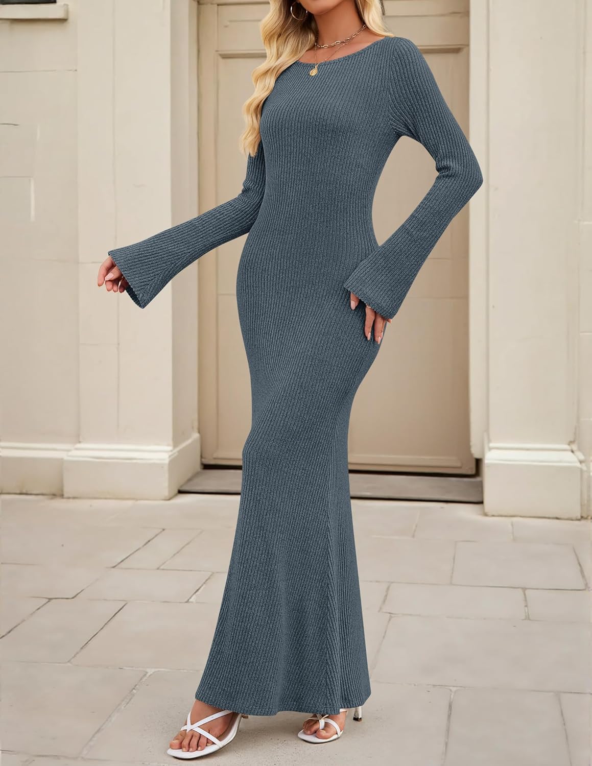 ZESICA Women's 2026 Fall Bodycon Sweater Dress Long Sleeve Boat Neck Ribbed Knit Wedding Guest Cocktail Maxi Dresses - Image 3
