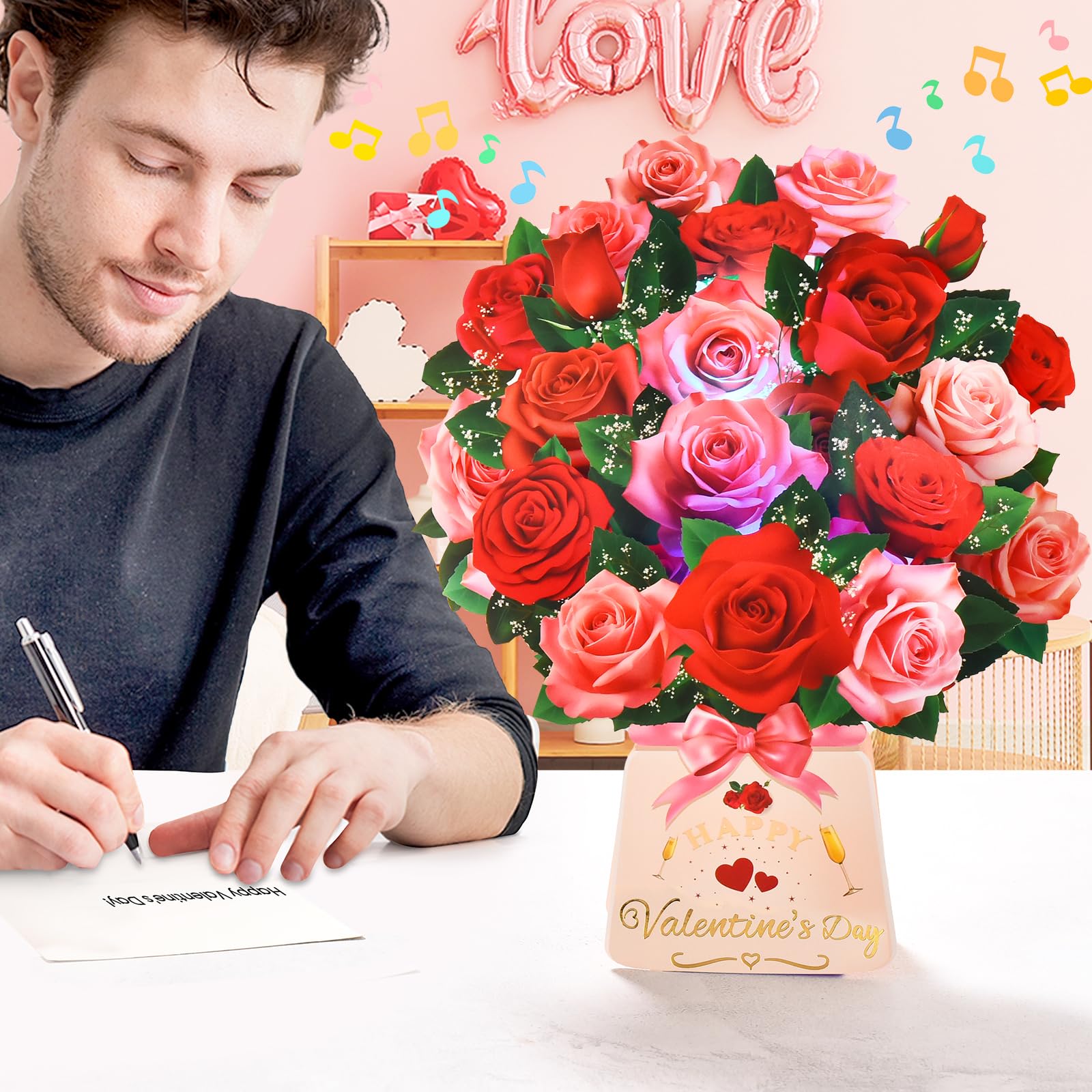 Tarjeta de felicitación desplegable para el día de San Valentín con luz y música, ramo de rosas 3D de papel de 12 pulgadas con sobre, tarjetas de feliz día de San Valentín para esposa, tarjeta