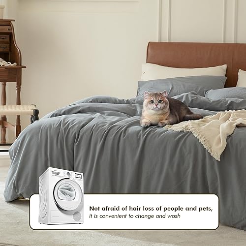 Miniatura 3 de FOSSA Juego de funda de edredón 100% algodón lavado, juego de ropa de cama de 2 piezas de sarga suave, acogedor, transpirable, resistente,