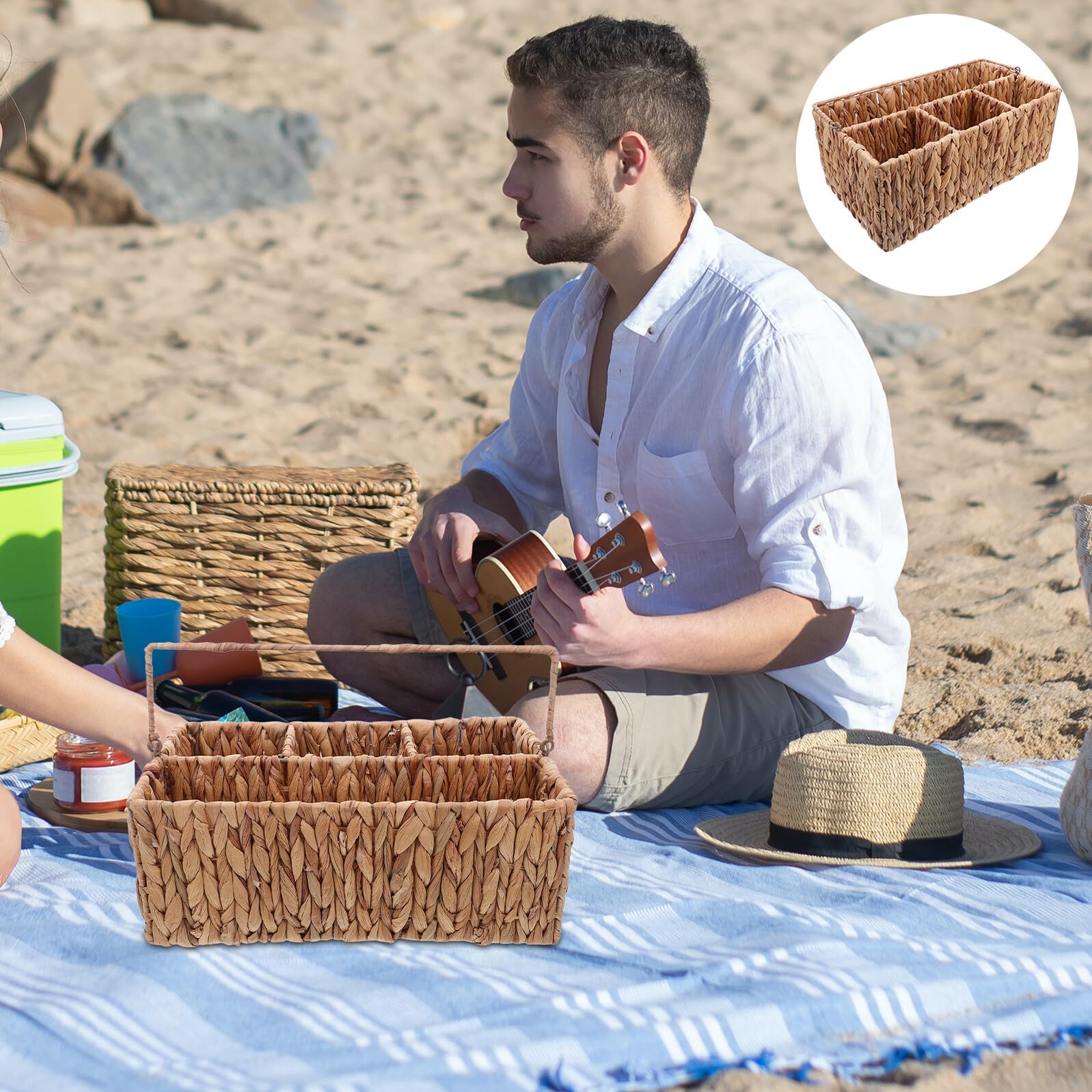 Garneck Cesta de Mimbre con Compartimentos para Cubiertos Organizador de Utensilios de Cocina con Asa Portátil Soporte de Almacenamiento de Utensilios de Paja para Picnic y Comedor Cesta