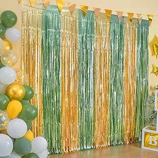 LOLStar 2 Pack Sage Green and Gold Party Decoration 3.3X6.6ft Foil Fringe Curtains,Olive Green Baby Shower Decorations also Perfect for Wedding Bridal Shower,Jungle Theme woodland Birthday Decorations