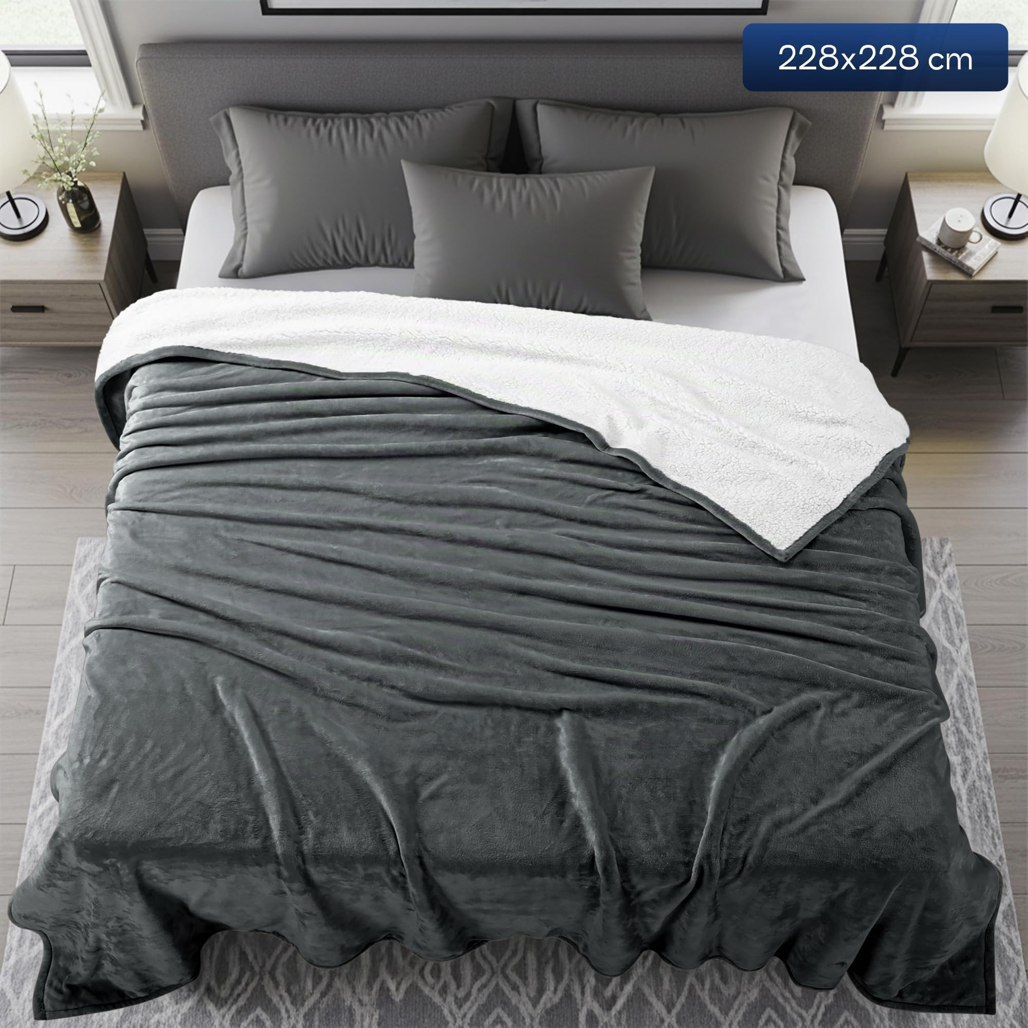 Utopia Bedding Coperta Sherpa (Grigio, 228 x 228 cm) Coperta in pile reversibile, spessa e calda, per letto, divano, campeggio e viaggi