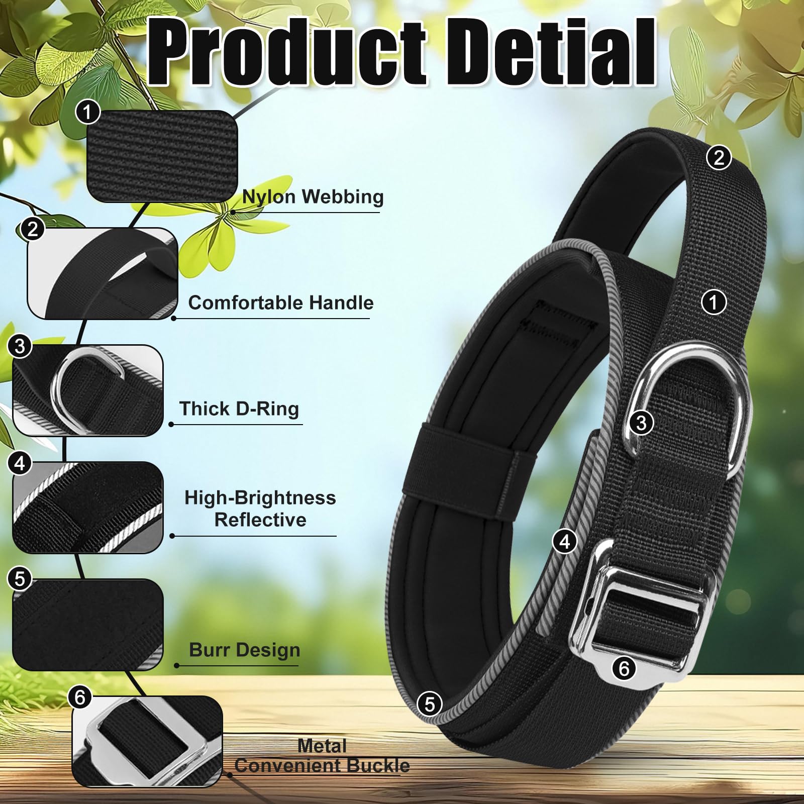 AKOFIC Tactical Dog Collar, Reflective, Heavy Duty Wide Dog Collar with Handle and Soft Padded - Image 2