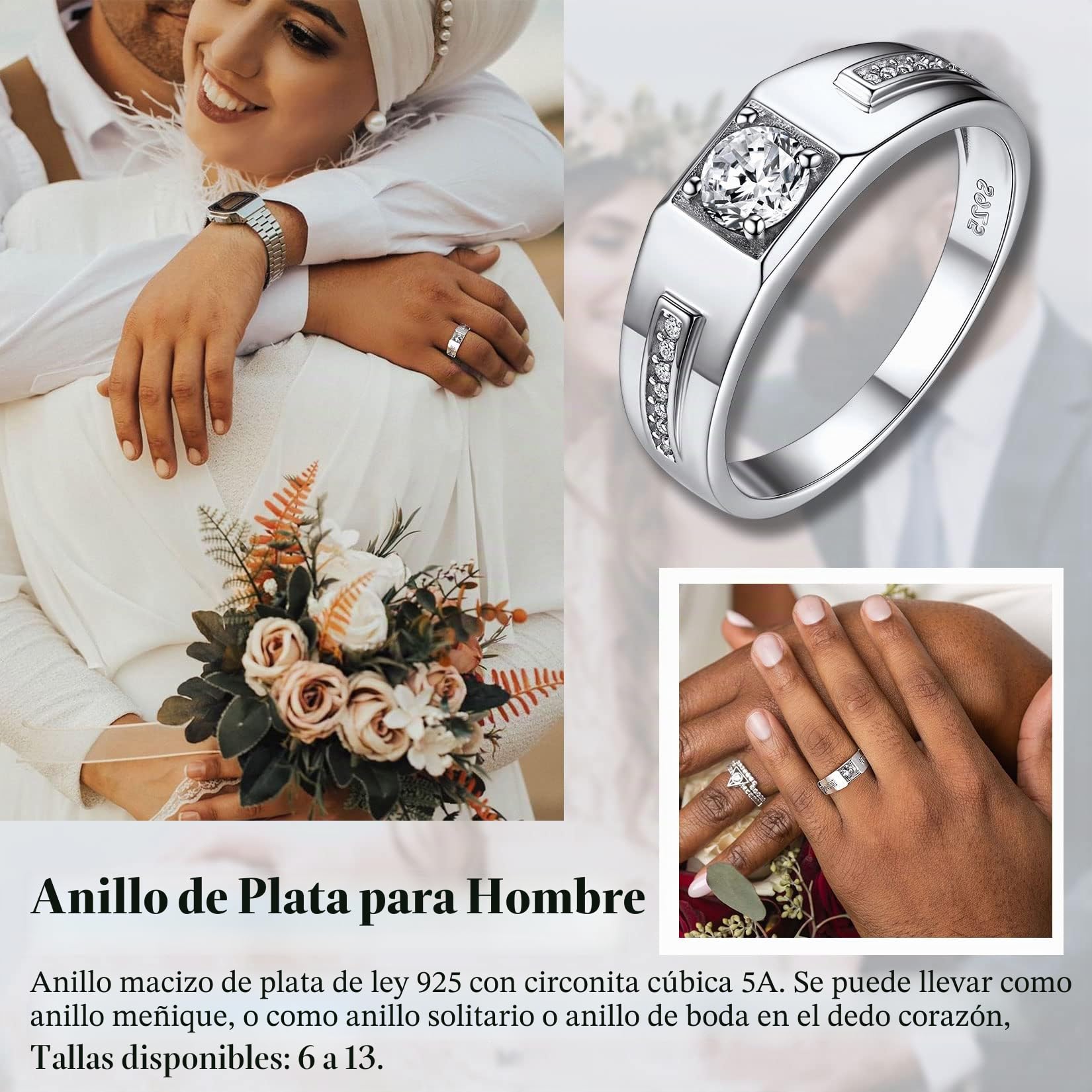 Suplight Anillos de Plata de Ley 925 Anillos Compromiso Pareja Anillo con Circonita Negra/Blanca/Azul Tamaño 12-30