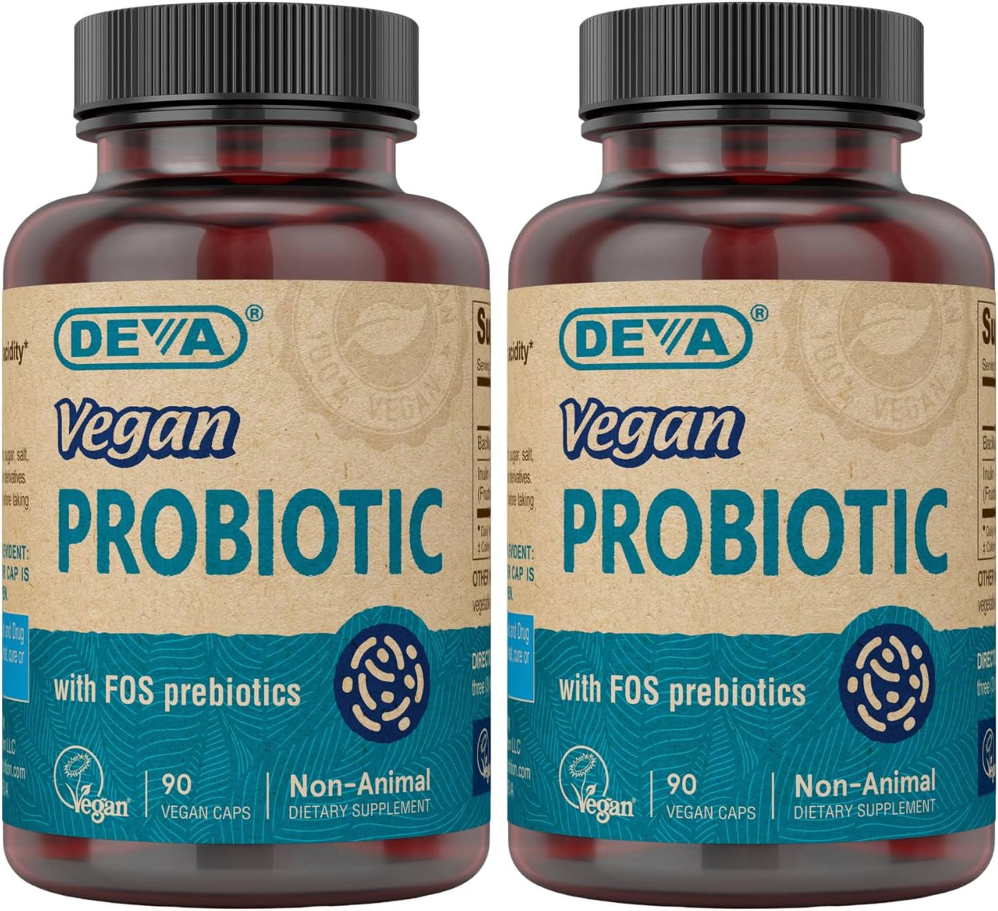 Vegan Probiotic with FOS Prebiotics Supplement - 2 Billion CFU with 100 MG of Prebiotics Per Serving for Men & Women - Non-Dairy Gluten Free - Naturally Shelf Stable - 90 Capsules (Pack of 2)
