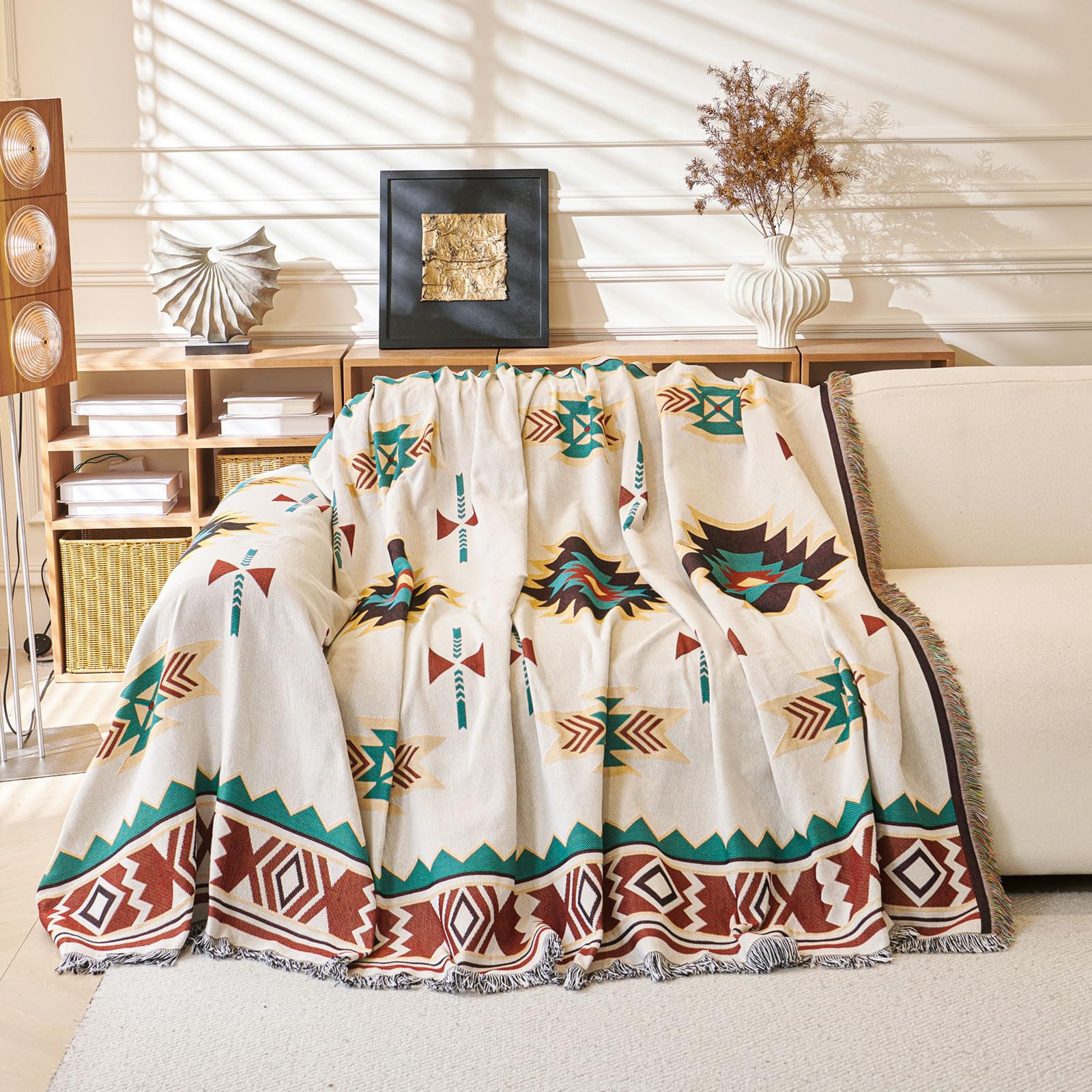 LHGOGO Aztec Large Sofa Throw Blanket with Tassels, 180x300cm Extra Thick Bohemian Woven Blanket for 3 4 Seater Settees - Image 3