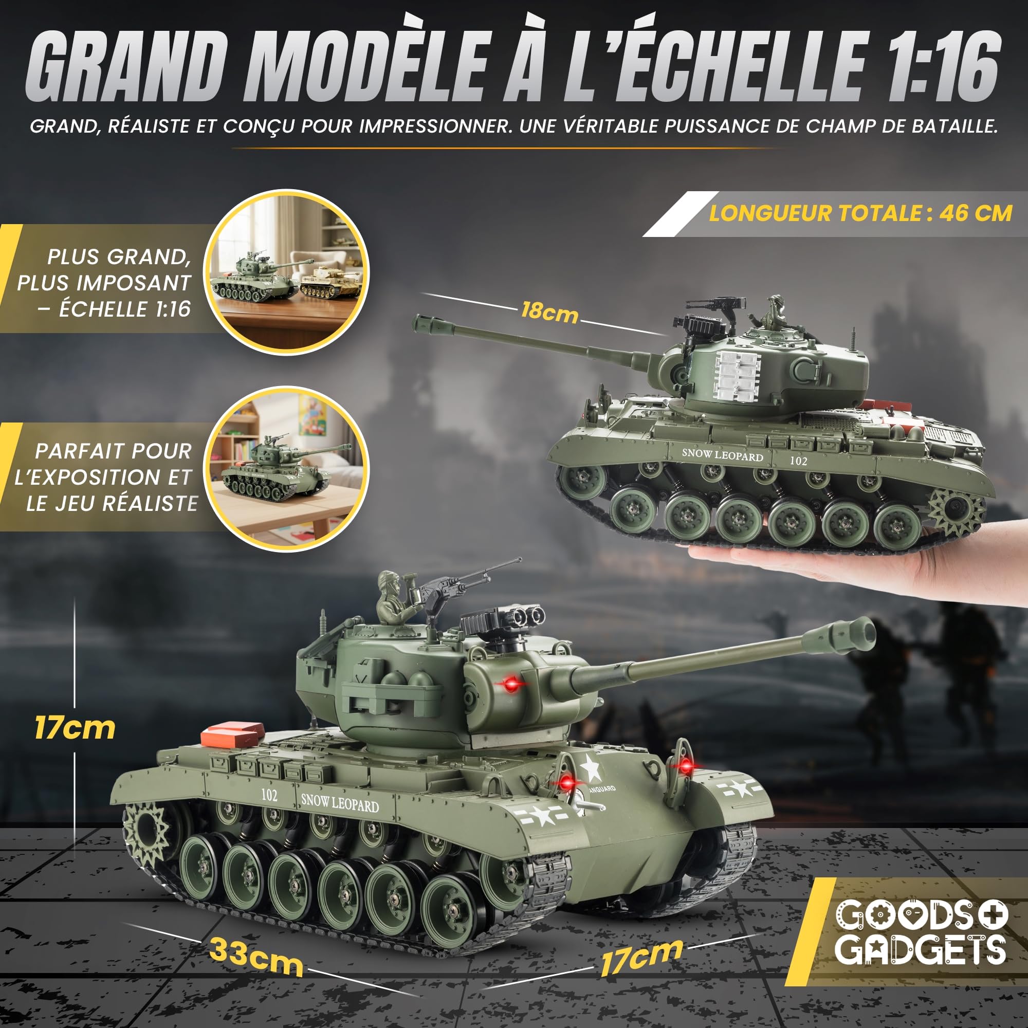 GOODS+GADGETS Modèle réduit de Char d'assaut Allemand Tiger I 2.4GHz à l'échelle 1:16 avec Fonction de tir, Son,Unisexe - RTR (Pershing Snow Leopard)