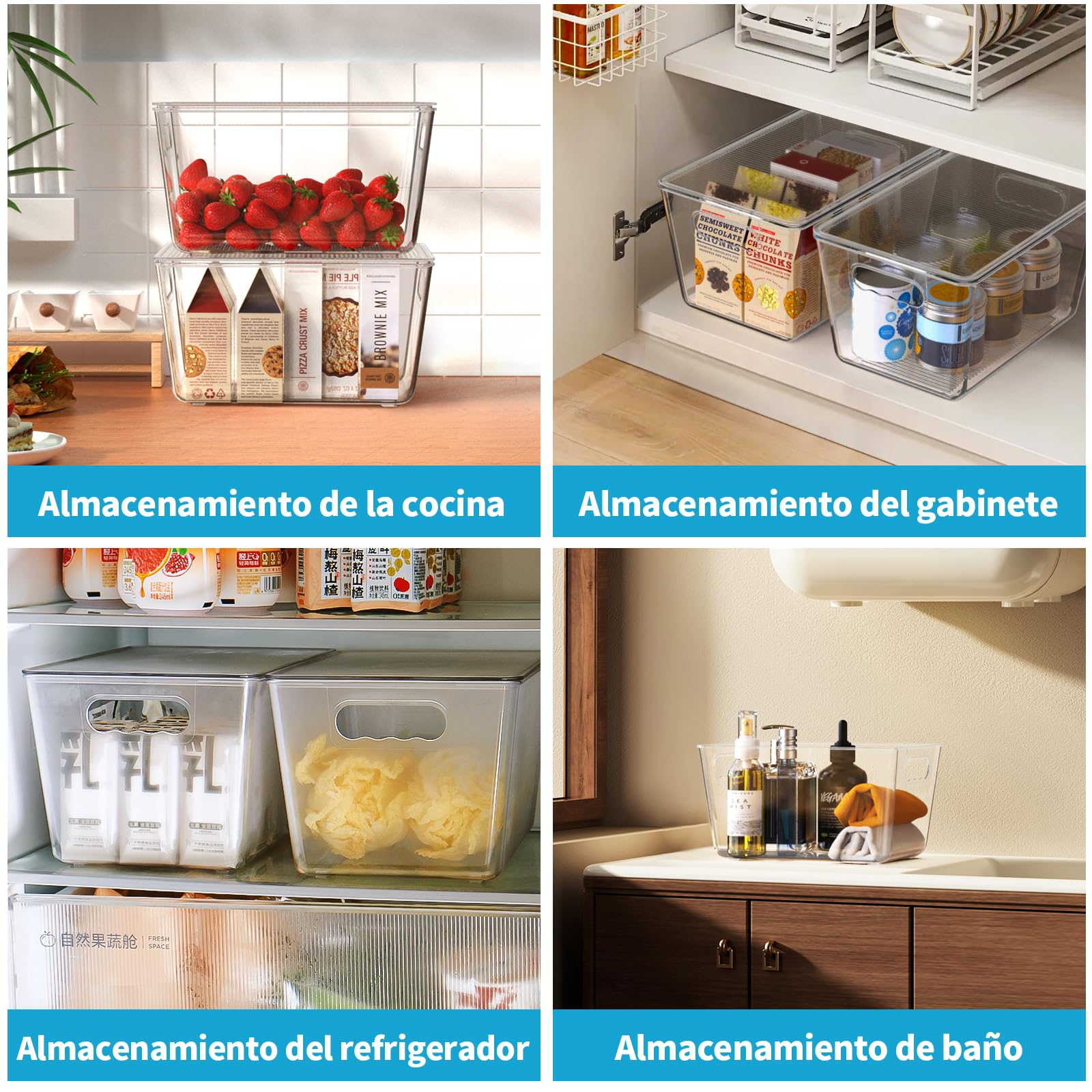 Paquete de 6 contenedores de almacenamiento transparentes con tapa, apilables y con asas fáciles de agarrar para armarios de cocina, despensa, refrigerador y congelador
