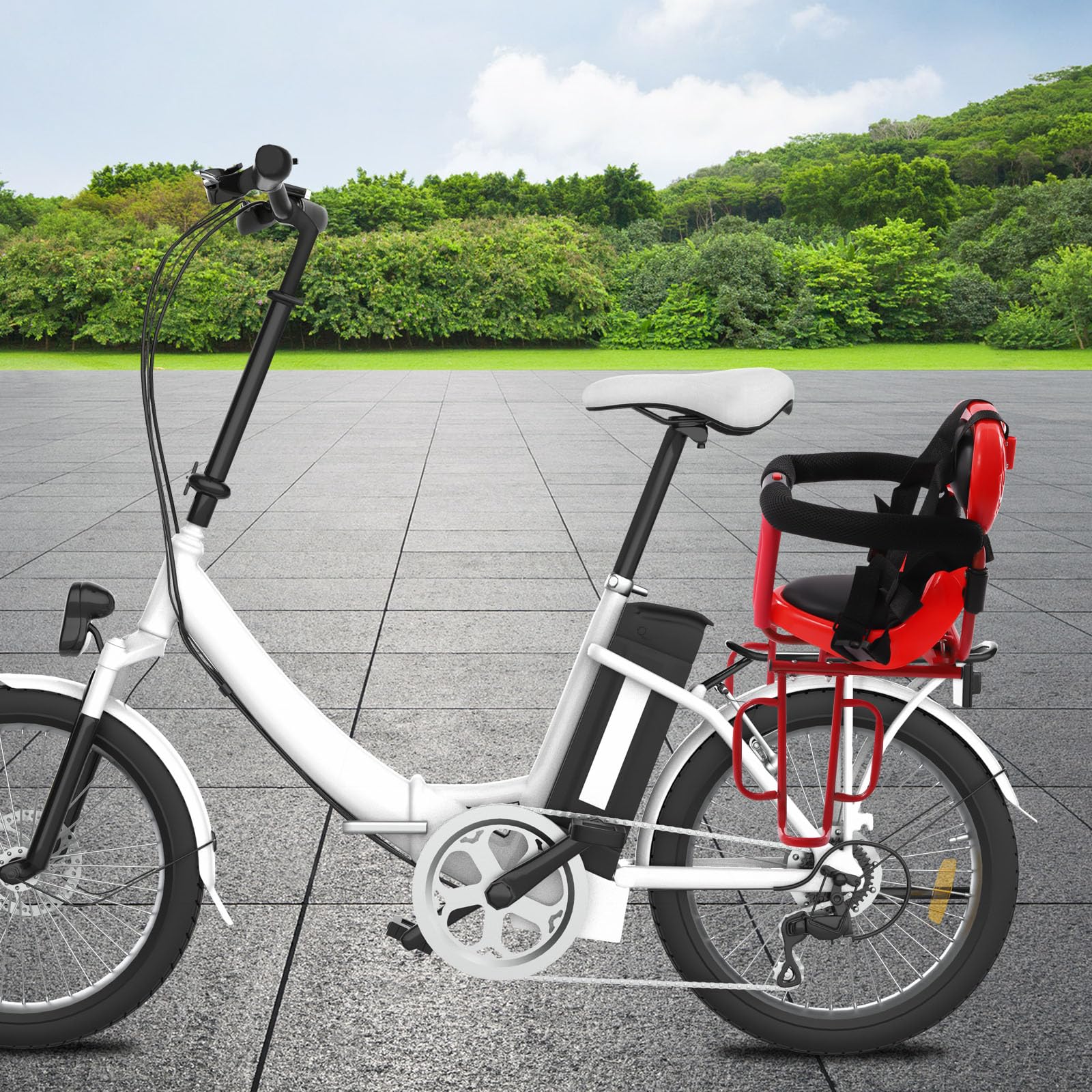 Seggiolino da bicicletta per bambini, per mountain bike, bici da città, bicicletta pieghevole, seggiolino anteriore con griglia di sicurezza