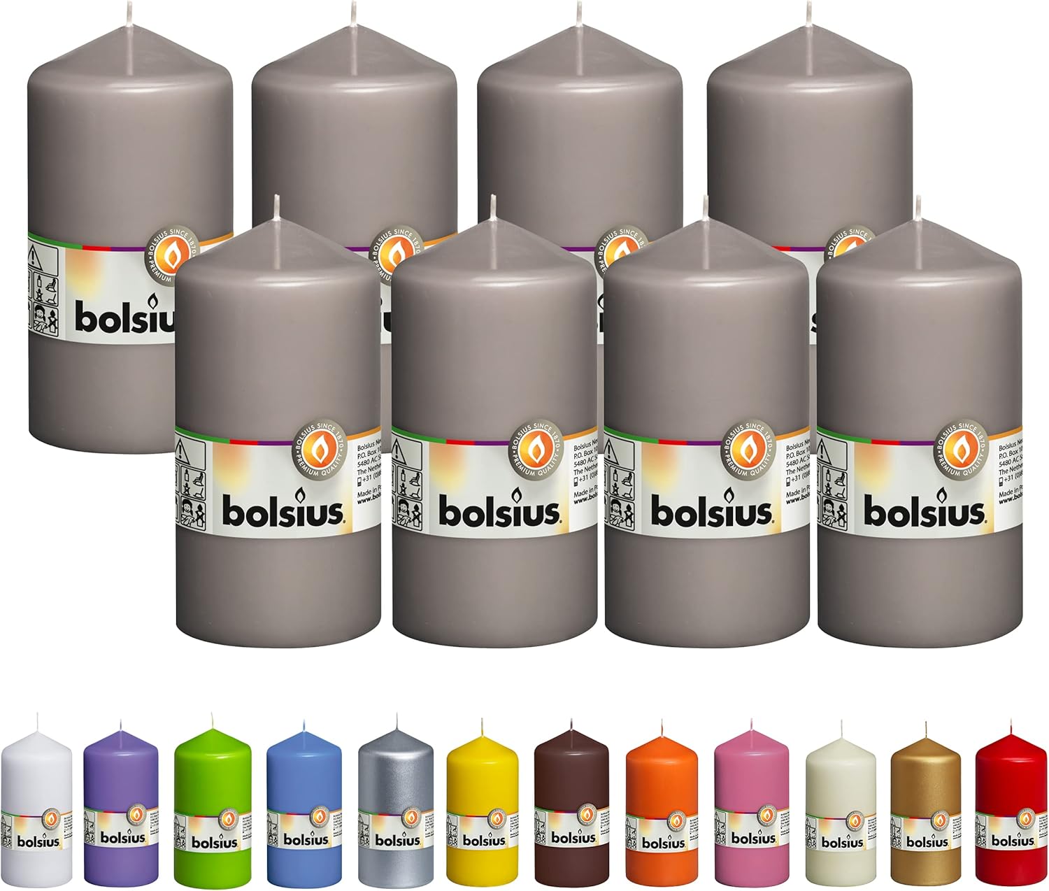 BOLSIUS 8 Grey Pillar Candles - 2.75 x 5 Inches - Premium European Quality - Individually Wrapped - 43 Hours Burn Time - Dripless & Smokeless - Unscented Dinner, Wedding & Restaurant Gray Candles