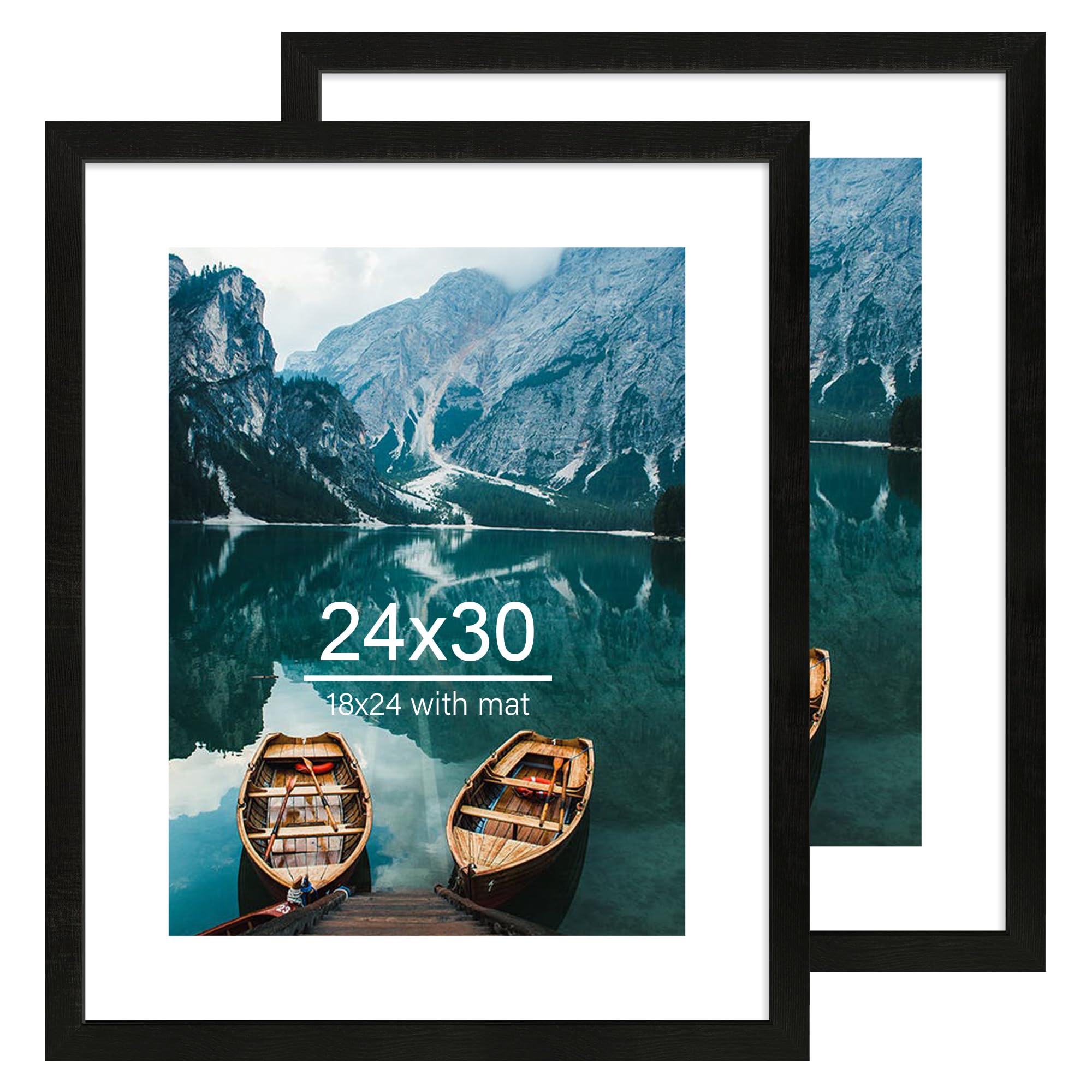 24x30 Frame Set of 2, Rustic Black Wood Style - Display 18x24 Picture Frame with Mat or 24 x 30 Poster without Mat, Wall Mounting Horizontal and Vertical