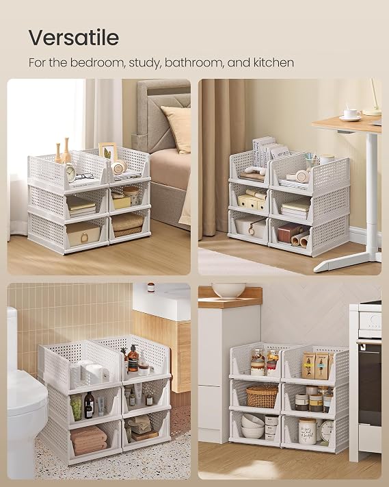 SONGMICS Stackable Wardrobe Storage, Foldable Closet Organiser, Set of 6 Pull-Out Baskets, Closet Storage and Organisation, Bedroom, Office, Bathroom, White LPC600WZ01