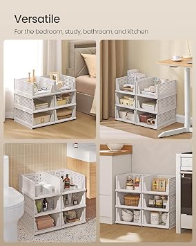 SONGMICS Stackable Wardrobe Storage, Foldable Closet Organiser, Set of 6 Pull-Out Baskets, Closet Storage and Organisation, Bedroom, Office, Bathroom, White LPC600WZ01