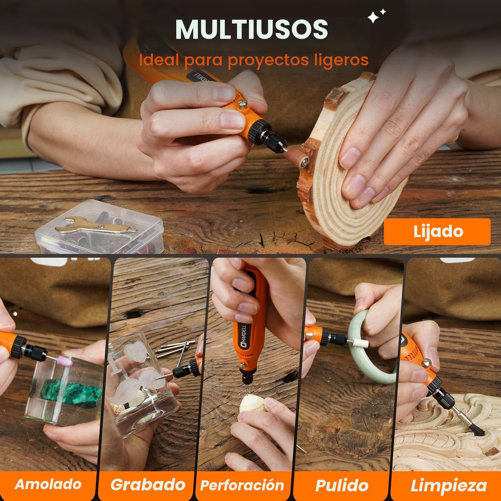 HARDELL Mini Amoladora Bateria, 3.7V Herramienta Rotativa Bateria Con 43 Accesorios, Usar Mientras Se Carga, 5 Velocidades para Pulido, Esmerilar, Grabar, Perforar, Lijado, Moler, Bricolaje