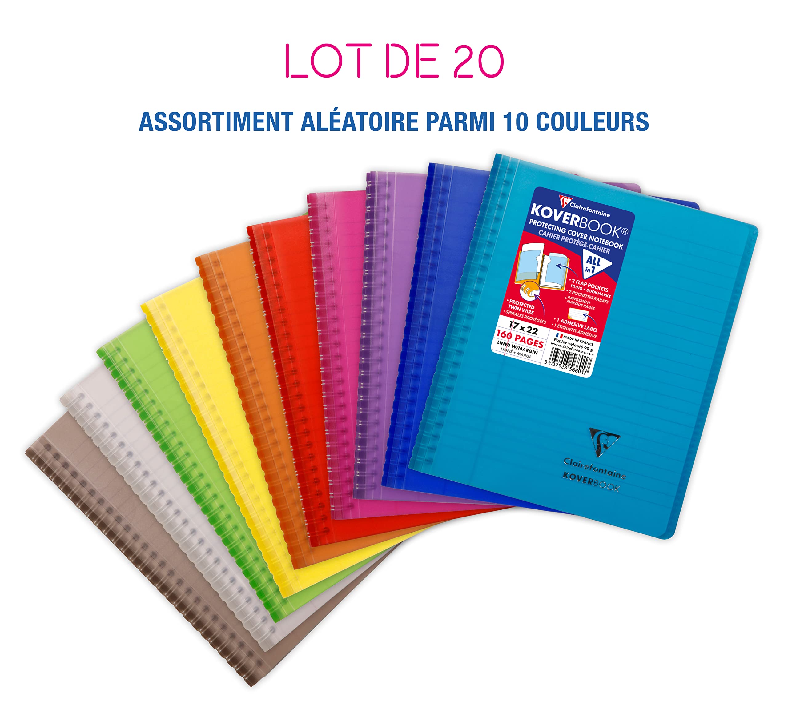 Clairefontaine 356801C Lot de 20 Cahiers à Spirale Koverbook - 17x22 cm - 160 Pages Lignées avec Marge - Papier Blanc 90 g - Couverture Enveloppante Polypro Transparent - Couleurs Aléatoires