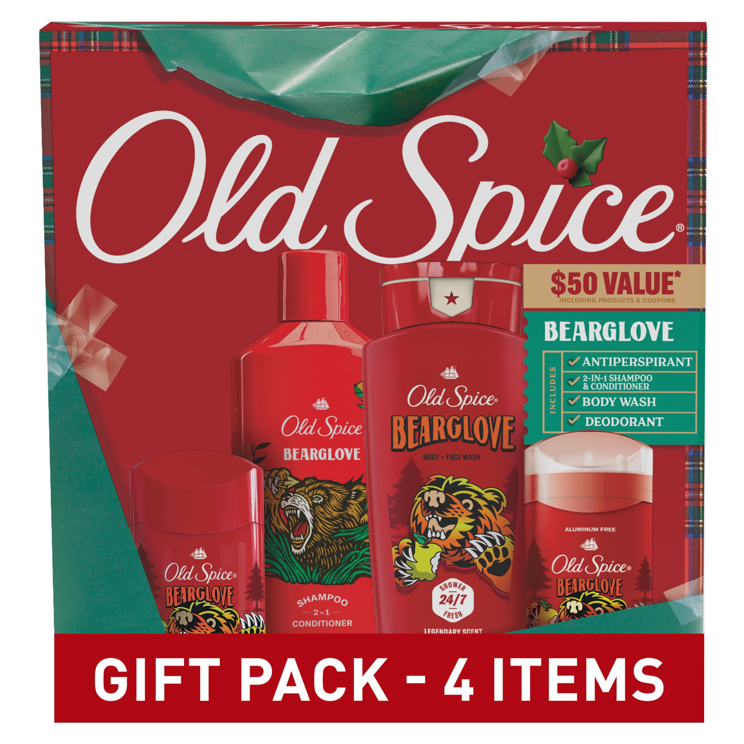 Old Spice Holiday Gift Pack for men Bearglove Scent Body Wash Aluminum Free Deodorant Body Spray and 2