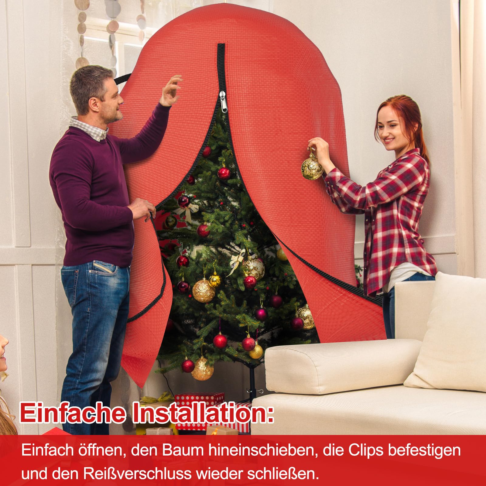 Aufrechte Christbaum-Tasche 230 cm für die platzsparende Aufbewahrung Ihres geschmückten künstlichen Baums. Aus reißfestem PE-Material, wasser- & staubdicht, mit verstellbaren Tragegurten(Rot)