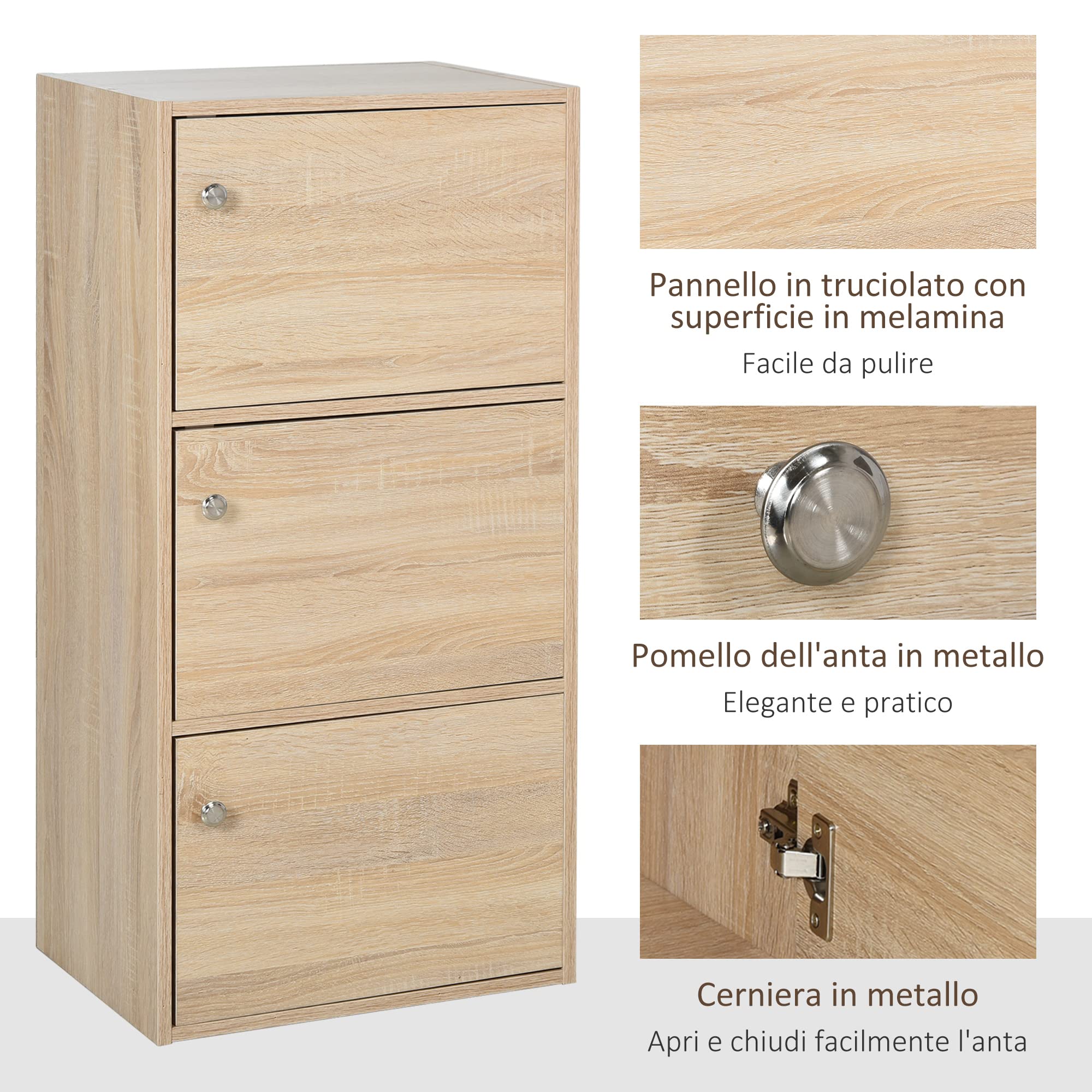 HOMCOM Mobiletto Multiuso con 3 Ripiani in Legno e 3 Antine per Casa, Camera, Soggiorno o Ufficio, 48x34x100cm
