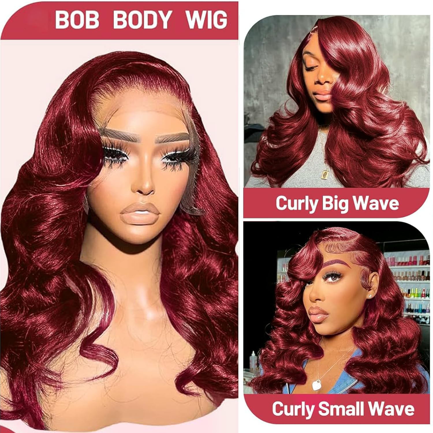 Human hair blend mix red bob wave wig Red Wavy Bob Human Hair Wig Lace Frontal for African  main image 2