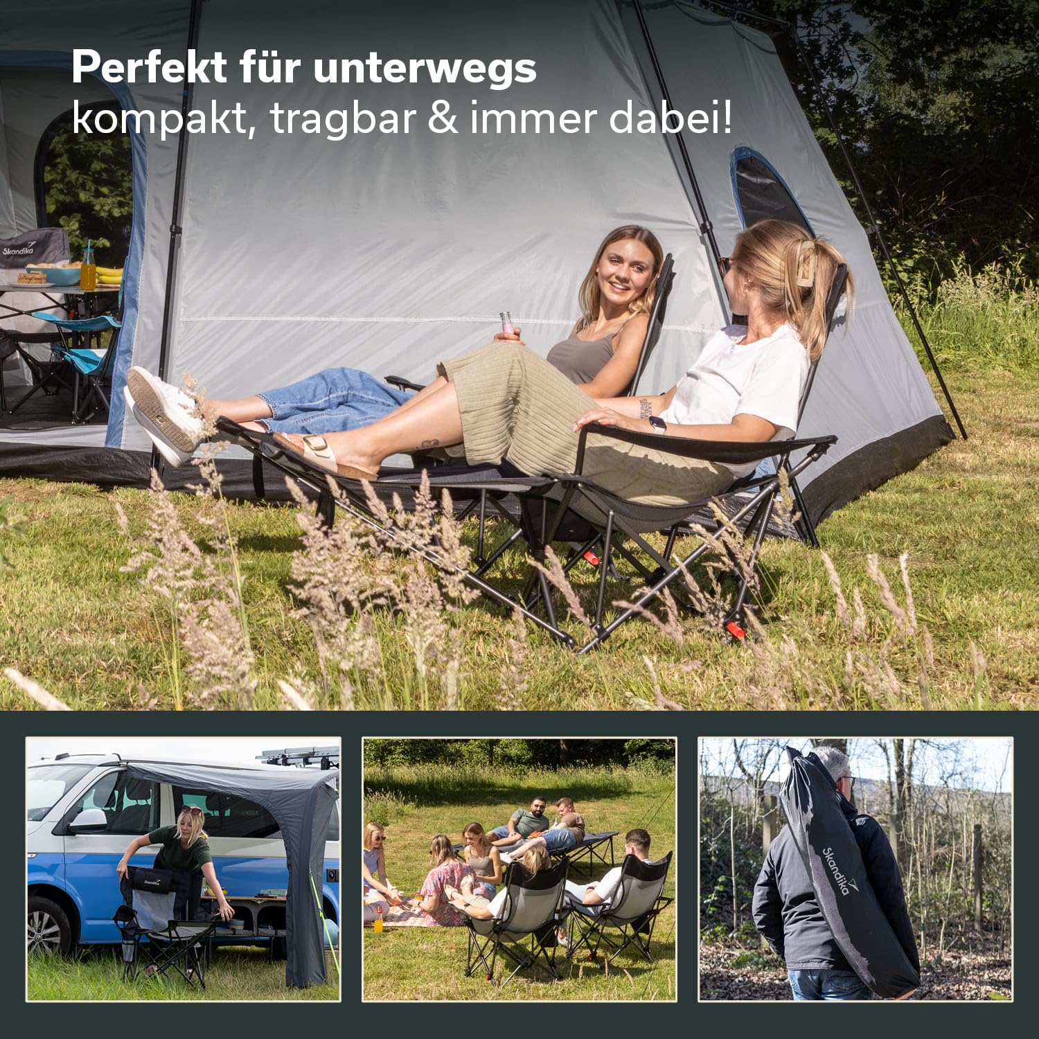 Skandika Campingstuhl mit Fußablage Toras | 2-in-1 Liegefunktion, Faltbarer Liegestuhl, verstellbare Rückenlehne, leicht, Klappstuhl mit Getränkehalter, Strandstuhl klappbar Camping Stuhl Faltstuhl