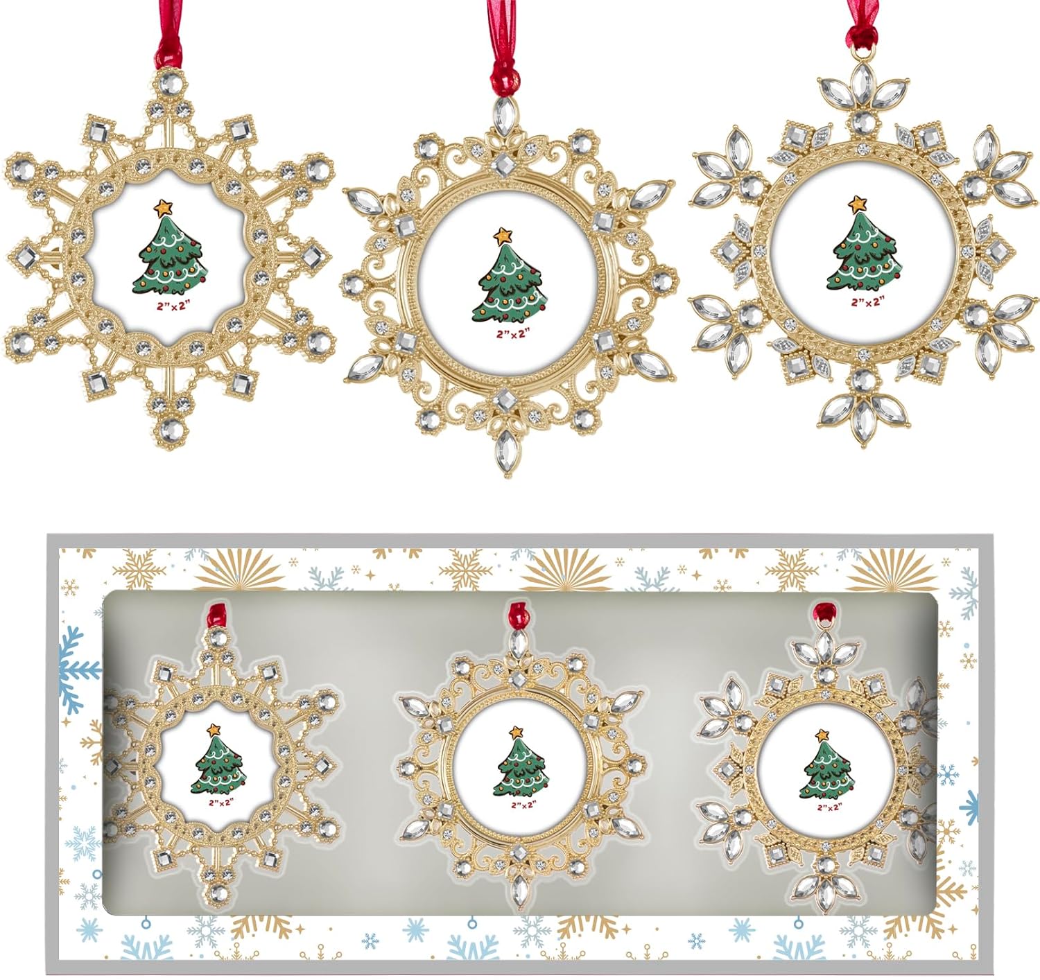 West style Snowflake Picture Frame Ornaments Christmas Tree Ornaments Set Made of Zinc Alloy Glitter Powder Pendant 2 Inch Picture Frame for Family, Baby and Pet Holiday Keepsake Gift(Golden)