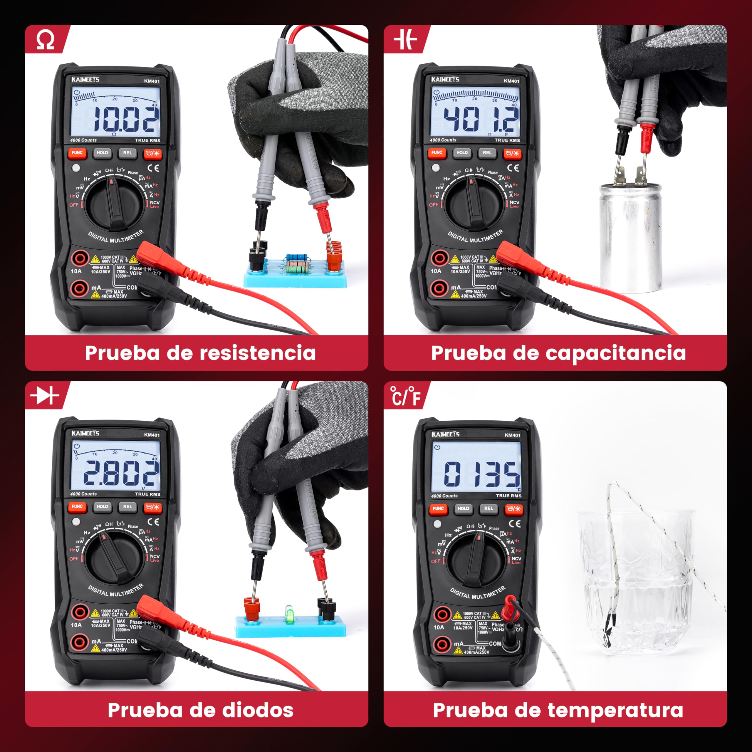 KAIWEETS Multímetro digital KM401, Polimetro Auto-Range T-RMS con 4000 cuentas, Amperímetro mide voltaje, corriente, resistencia, continuidad, frecuencia