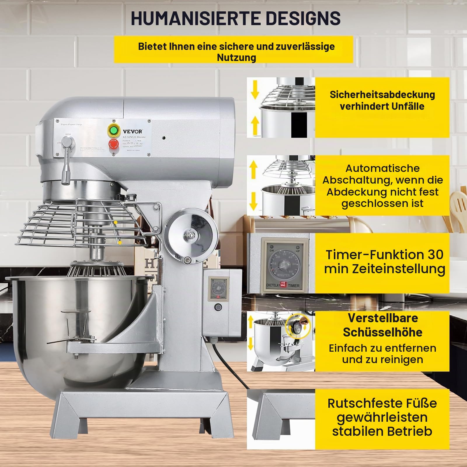 VEVOR Teigknetmaschine Küchenmaschine, 15 Qt Edelstahl Teigmixer, 600 W, einstellbar (130/233/414 U/min), inkl. Edelstahlschüssel, Knethaken, Schneebesen, Rührbesen, ideal für Bäckereien, Restaurants