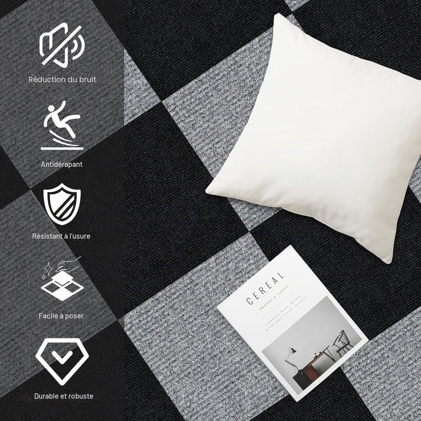 Carreaux de tapis, auto-adhésifs, 50 x 50 cm, lot de 10 pièces, 2,5 m², auto-adhésifs, pour moquette, résistant, pour maison, bureau, commercial, noir