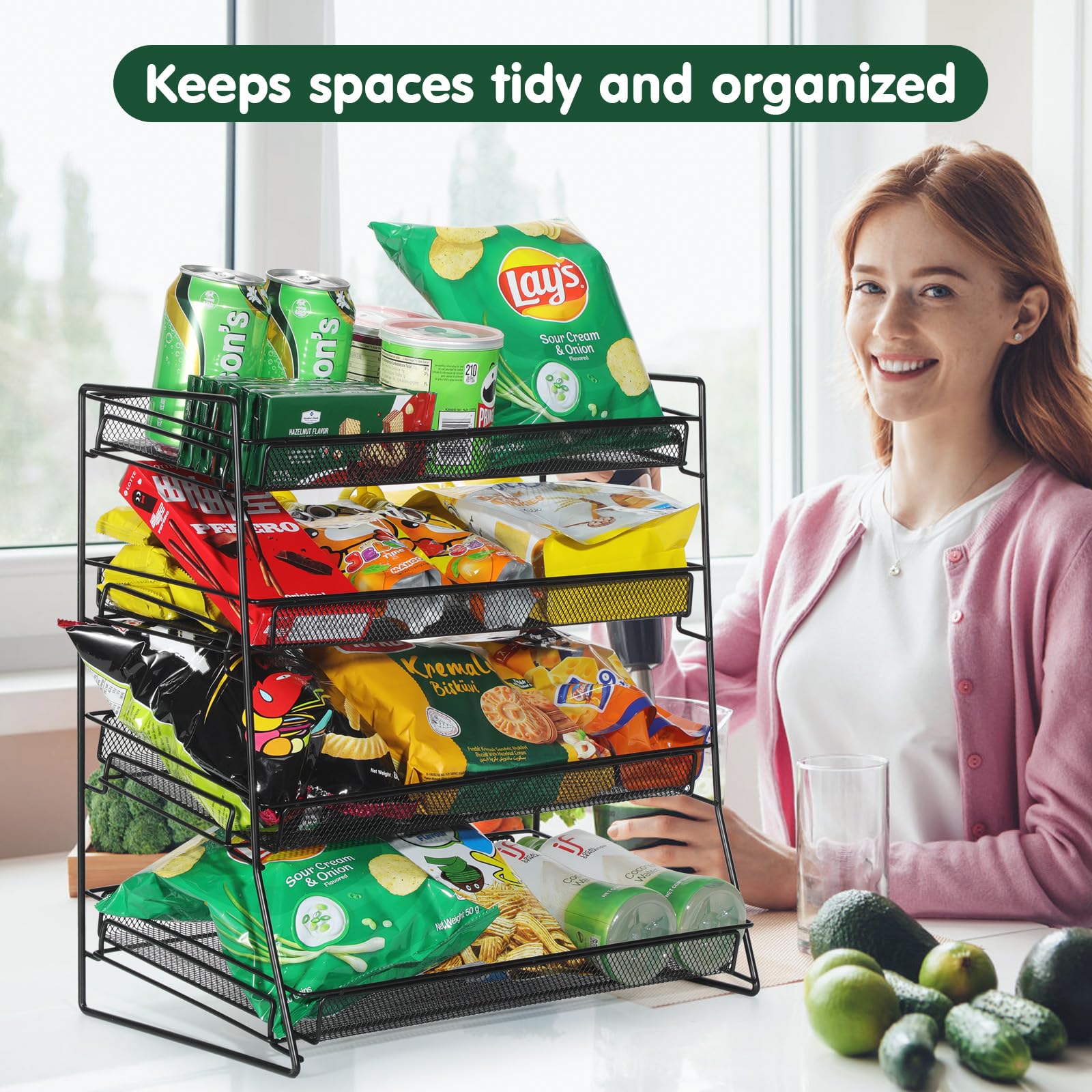 4-stöckiges schwarzes stapelbares Süßigkeiten-Präsentationsregal, Snack-Organizer für Arbeitsplatte, Geschäfte, Büros, mit 12 Schildern und 30 Etiketten (Metallgitterplatte) (Schwarz, 2 Stück)