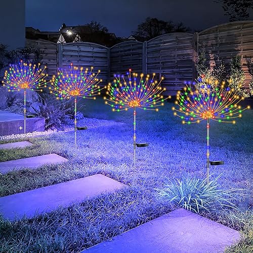 YOTOZU 4 luces solares de fuegos artificiales con tubo de arcoíris, 120 LED para exteriores, luces decorativas para jardín, IP65, impermeable,