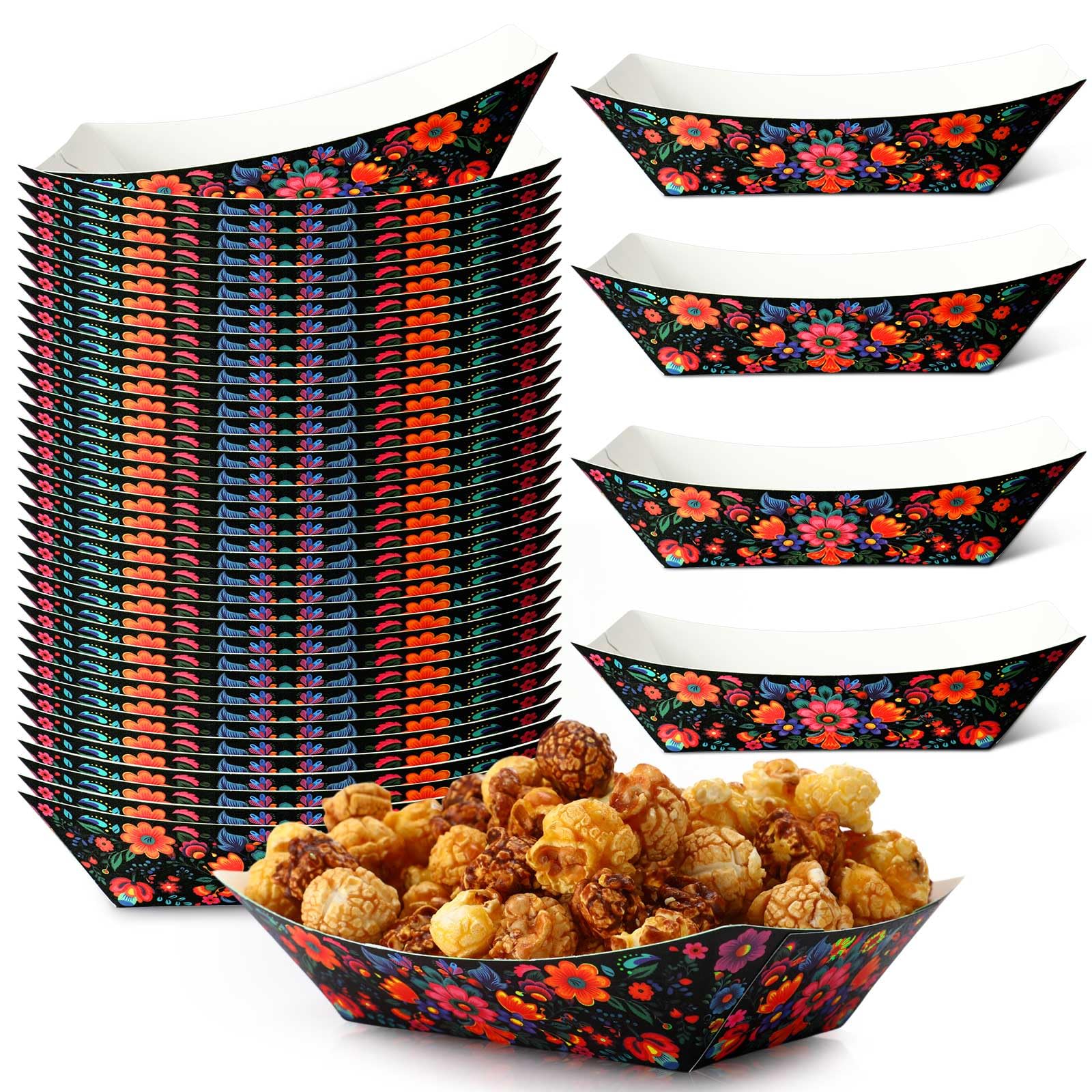 Gejoy 100 Pcs Mexican Paper Food Trays for Taco 2 lb, Flower