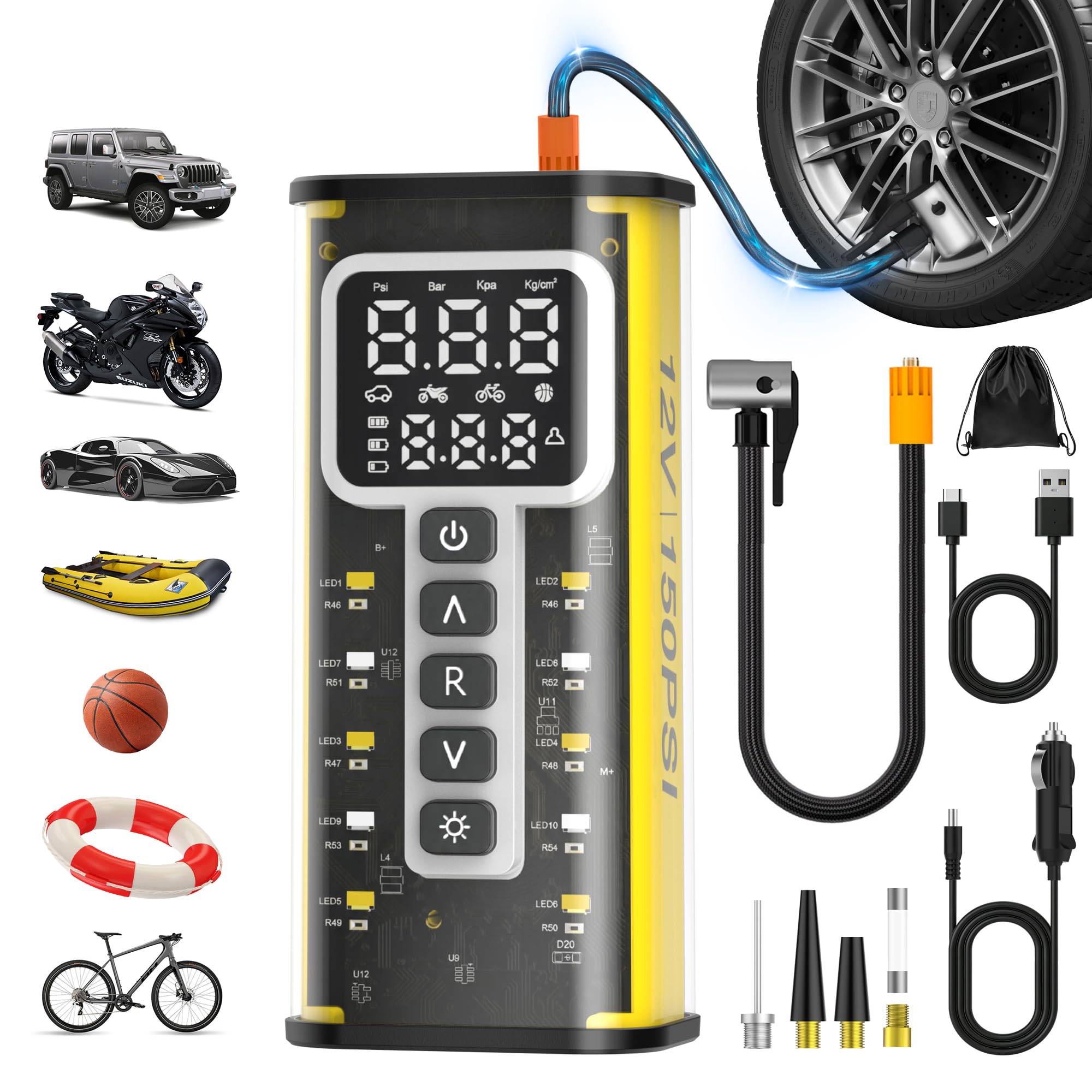 Tire Inflator, 150 PSI, 9000mAh Battery Air Compressor, Car Tire Pump, Air Pump for Car Tires, Bike Inflator, Car Accessories for Cars, Motorcycles &