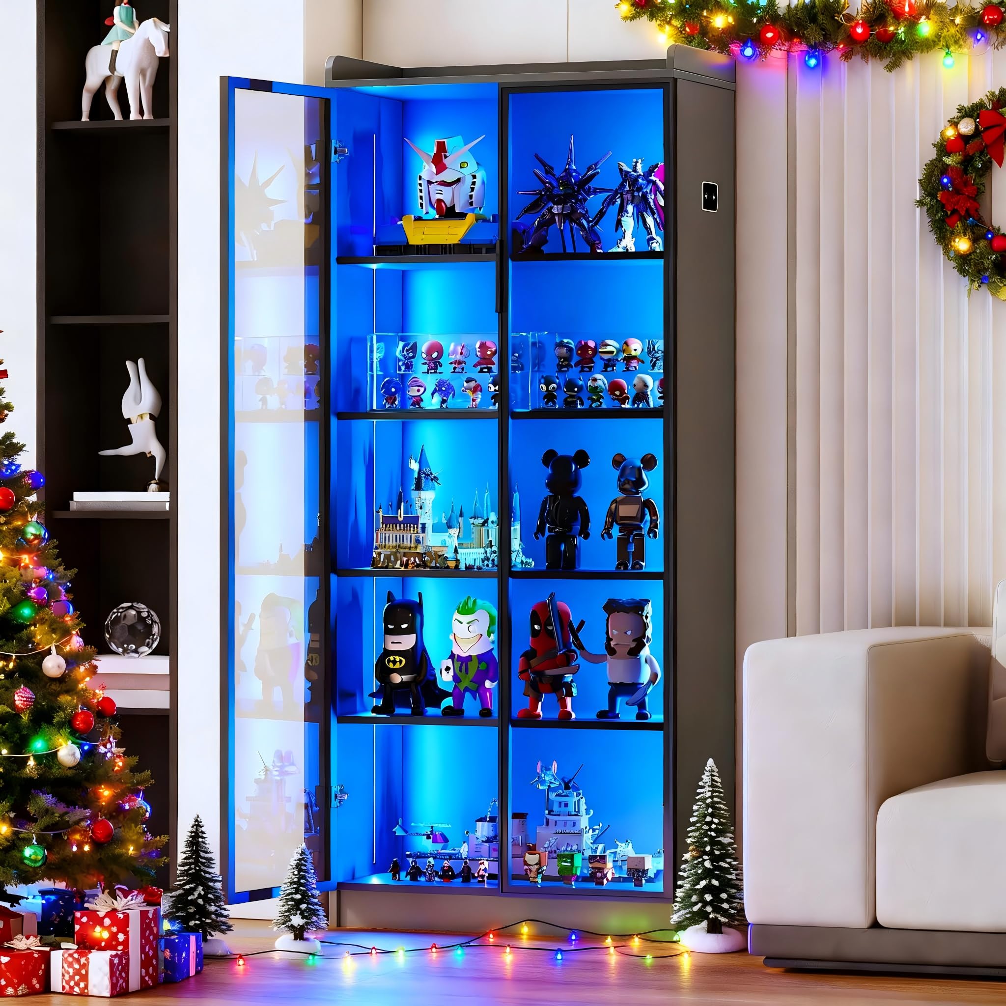 Gurexl Vitrine mit LED Beleuchtung und Intelligente Sensorik für Kuriositäten,Vitrinenschrank mit 5 Höhenverstellbaren Böden und Acryltür für Wohnzimmer,Persönliches Büro,Studie,Schätze,Grau