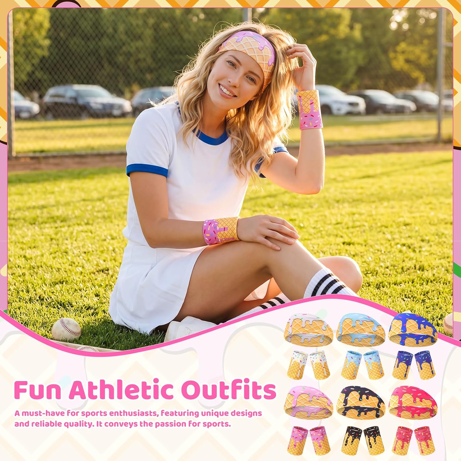 Ice Cream Baseball Headbands and Wristbands Sports Elastic Sweatbands for Youth Teen Women Men Athletes Football Basketball Running Gym Party Favors