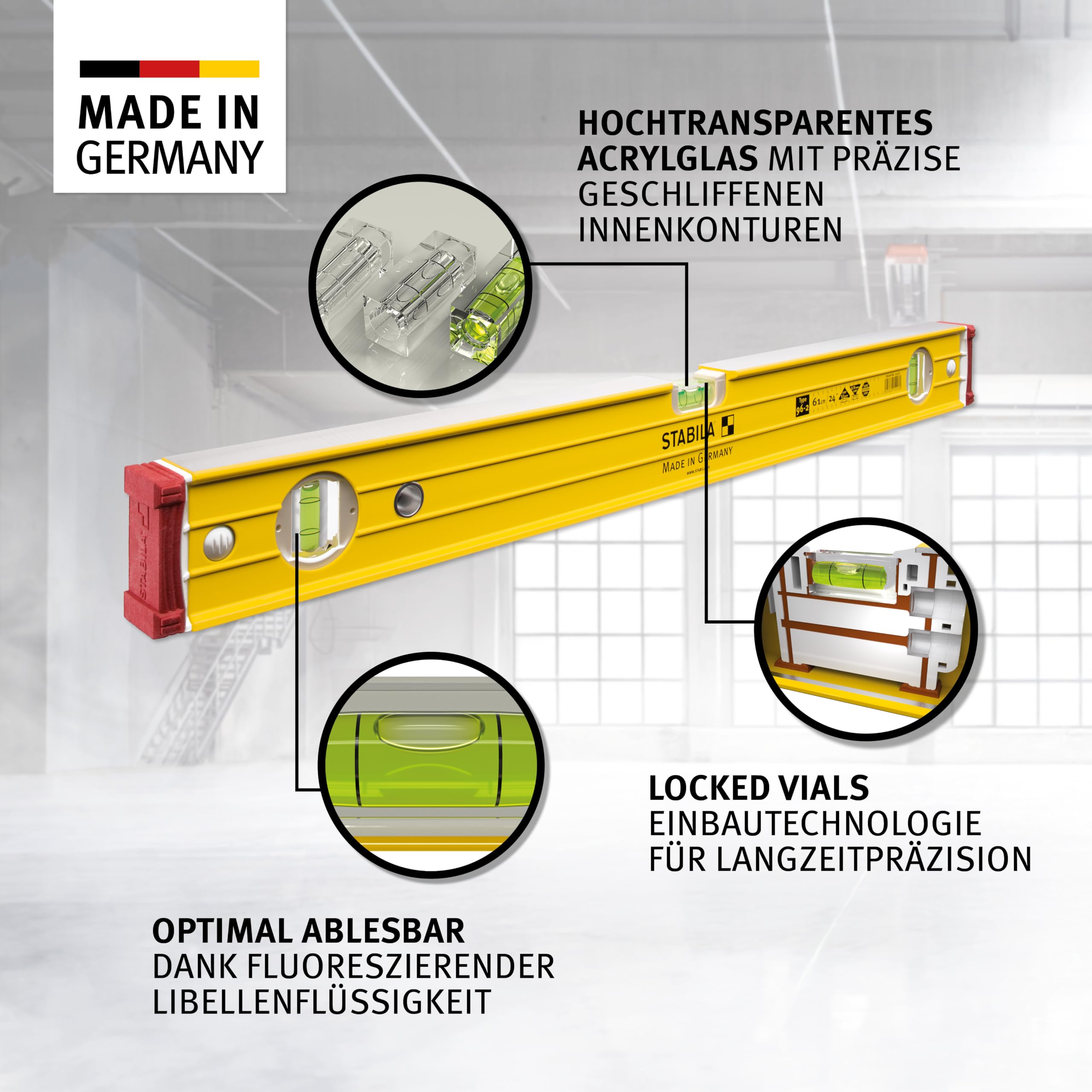 STABILA Wasserwaage Type 96-2, 40 cm, extrasteifes Alu-Profil, 1 Horizontal-Libelle, 2 Vertikal-Libellen, stoßdämpfende Endkappen, integrierte Rutsch-Stopper, Made in Germany, Gelb